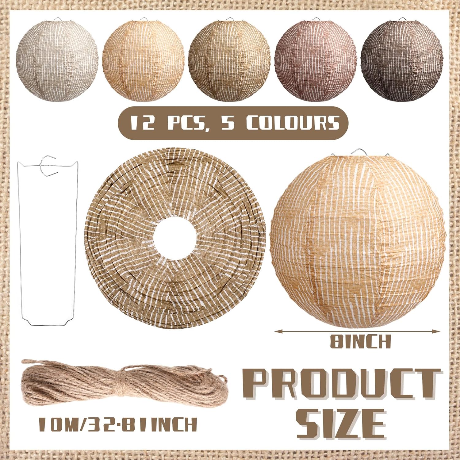12 Pcs Burlap Hanging Paper Lantern 8 Inch Back to School Party Decoration Boho Classroom Ceiling Decoration Chinese Party Decor for Birthday Wedding Bridal Baby Shower(Retro Colors) - Image 2