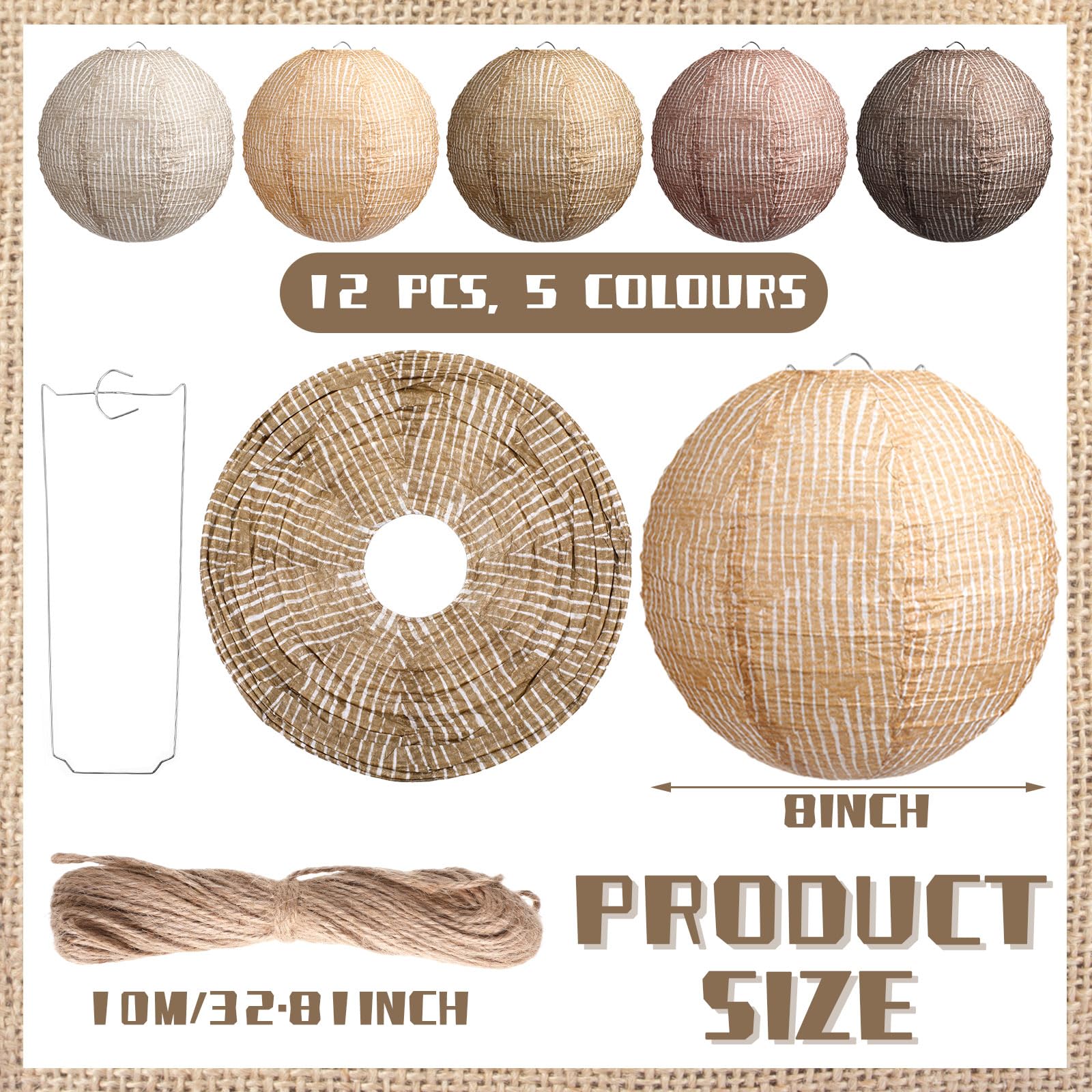 Rossesay 12 Pcs Burlap Paper Lantern 8 Inch Hanging Paper Lantern Chinese Decorative Paper Lantern Boho Party Decor for Classroom Office Wedding Birthday Baby Shower Celebration Event 5 Colours