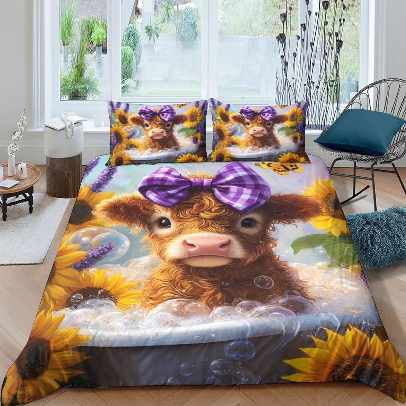 GPLZQXKJNH 3D Printed Cute Cow Sunflower Duvet Cover Set Microfiber Soft Breathable Bedding with 2 Pillowcases for Bedroom Decor Single（135x200cm）