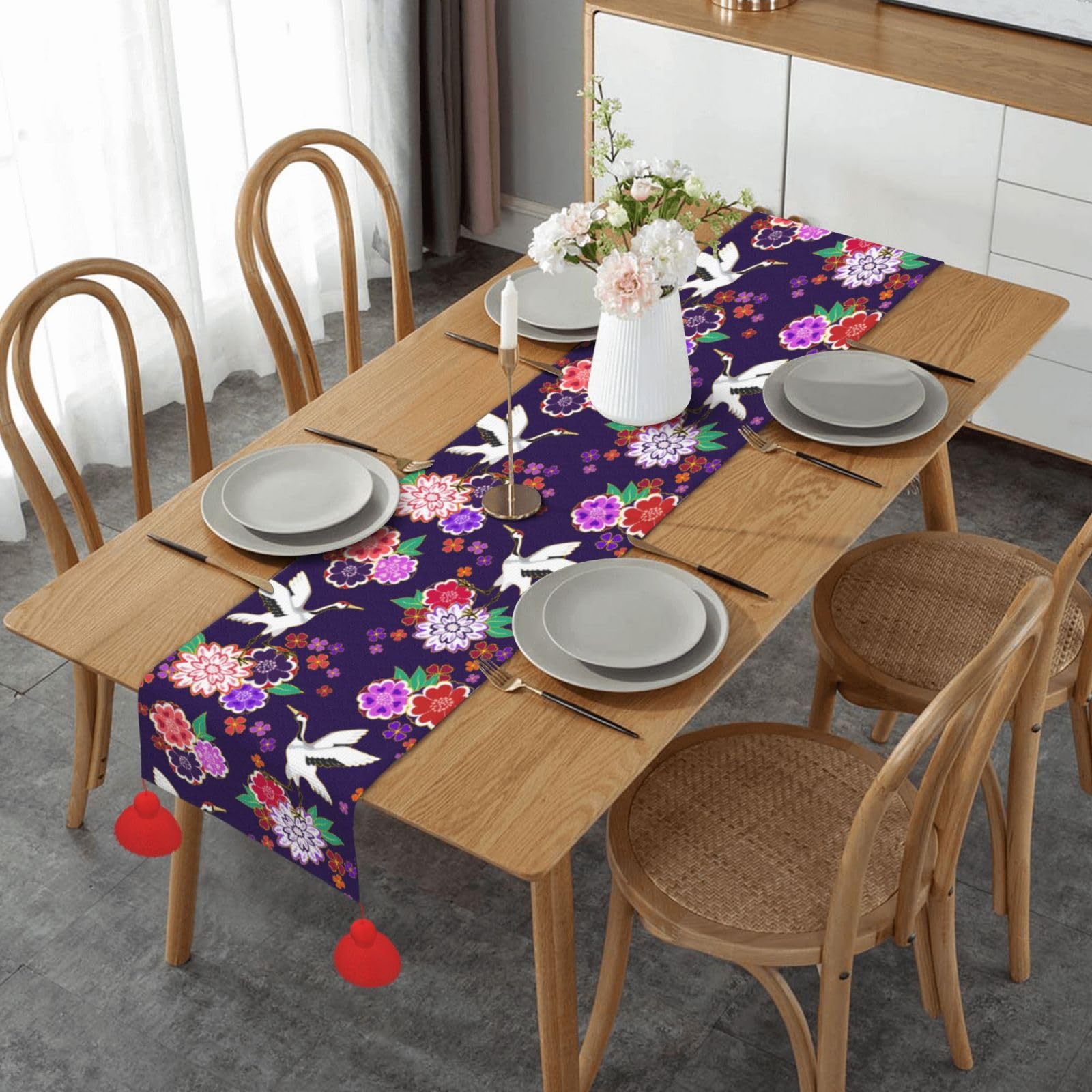 Chemin de table de Noël avec pompon 35x152 cm pour décoration de table de cuisine et fête
