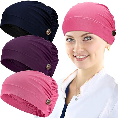 Vista 15 de Geyoga Gorras Bouffant con botones, unisex, elástica, turbante con botones para mujer, 3 piezas