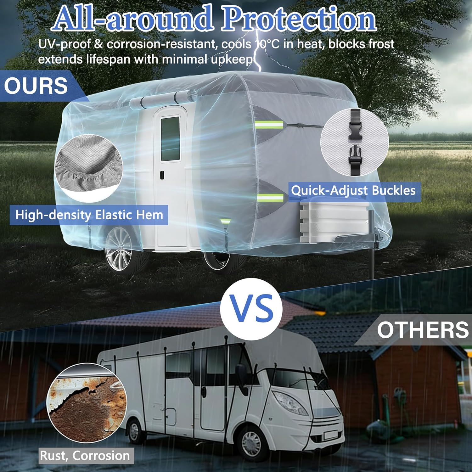 Fiberglass Travel Trailer Cover 7 Layers Breathable Waterproof Rip-Stop Camper Cover (Fits 13' to 16'-194" L x 80" W x 84" H)