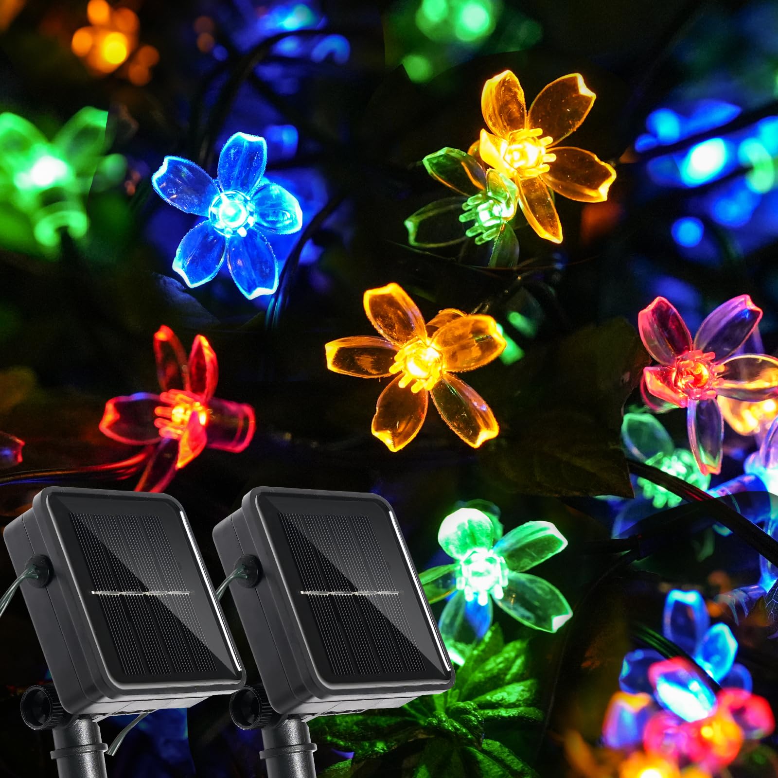Vruxuri 2 Pack Total 52FT 120 LED Solar String Lights Outdoor Waterproof Flower Fairy Lights for Garden Fence Patio Yard Christmas Tree Lawn Wedding Party Decor, Multicolor