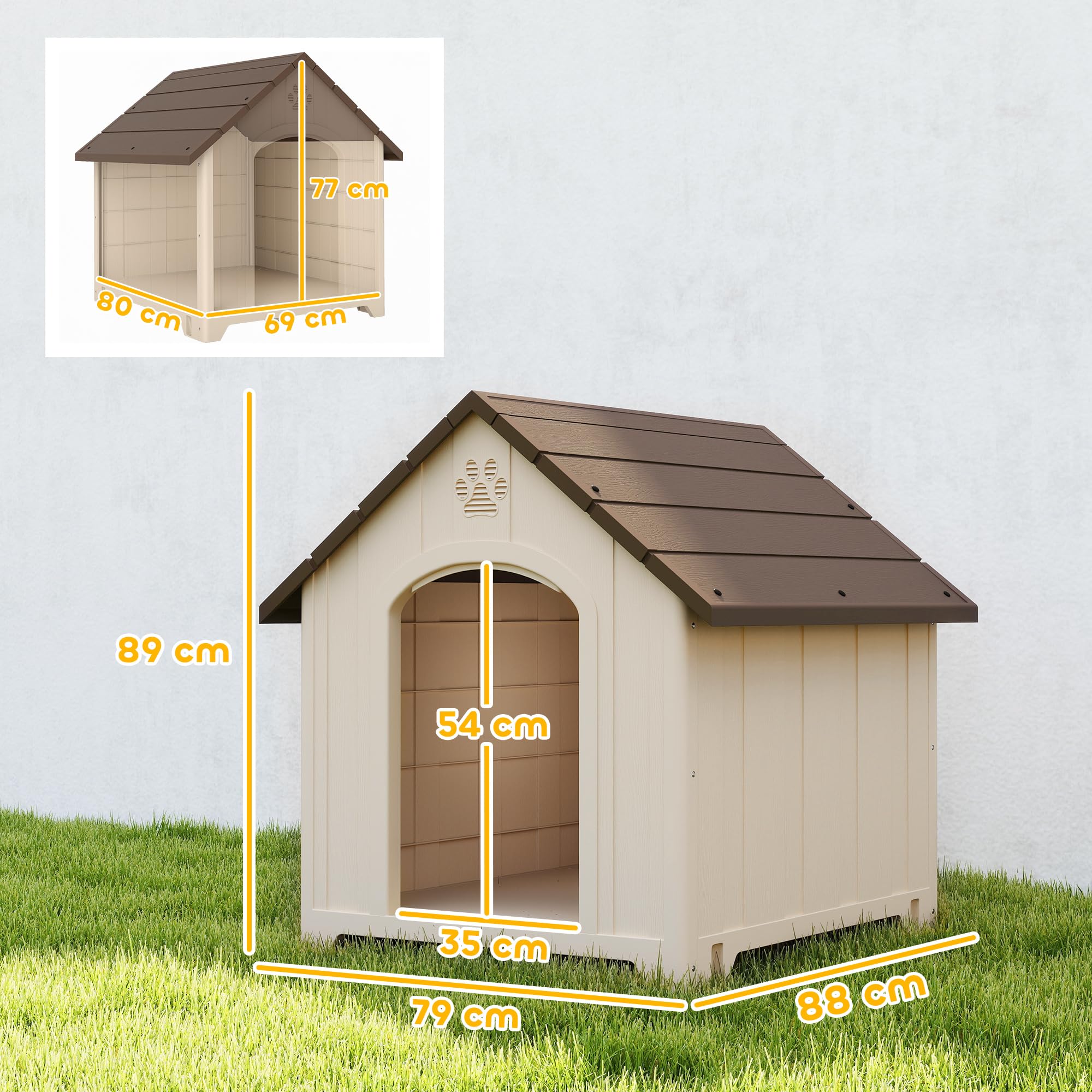 PawHut Cuccia per Cani da Esterno, Taglia Media Grande, Casetta per Cani in Plastica Impermeabile con Base Rialzata, Finestre e Tetto Spiovente per Giardino, Patio, Terrazza, Casa, 88x78x89 cm, Beige