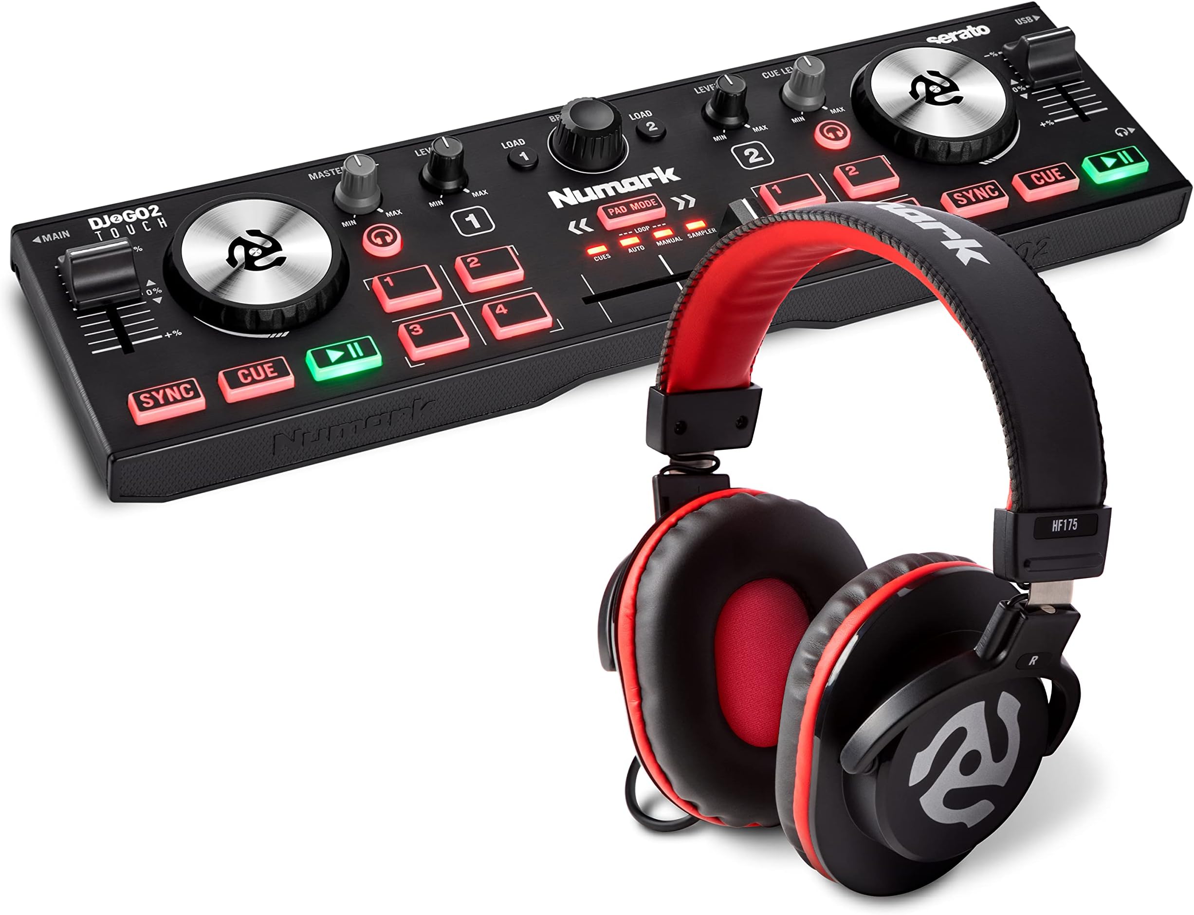 DJ Controller with Headphones - Numark DJ2GO2 Touch Compact 2 Deck USB DJ Controller and Numark HF175 DJ Headphones with closed back over ear design
