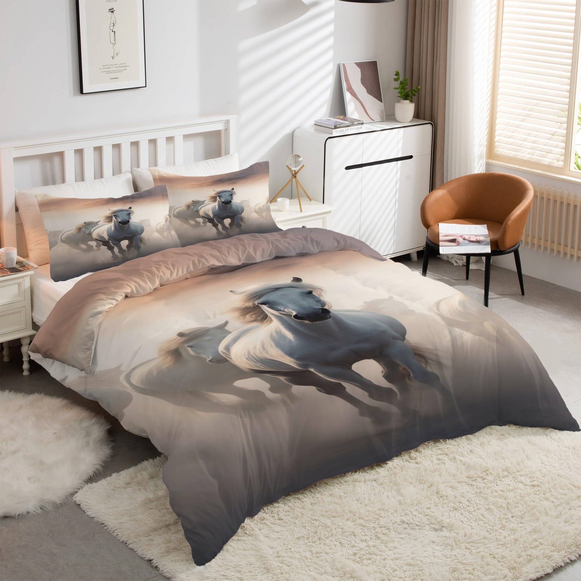 Housse de couette 160x200 cheval blanc anti-glisse et douce avec sa fermeture éclair