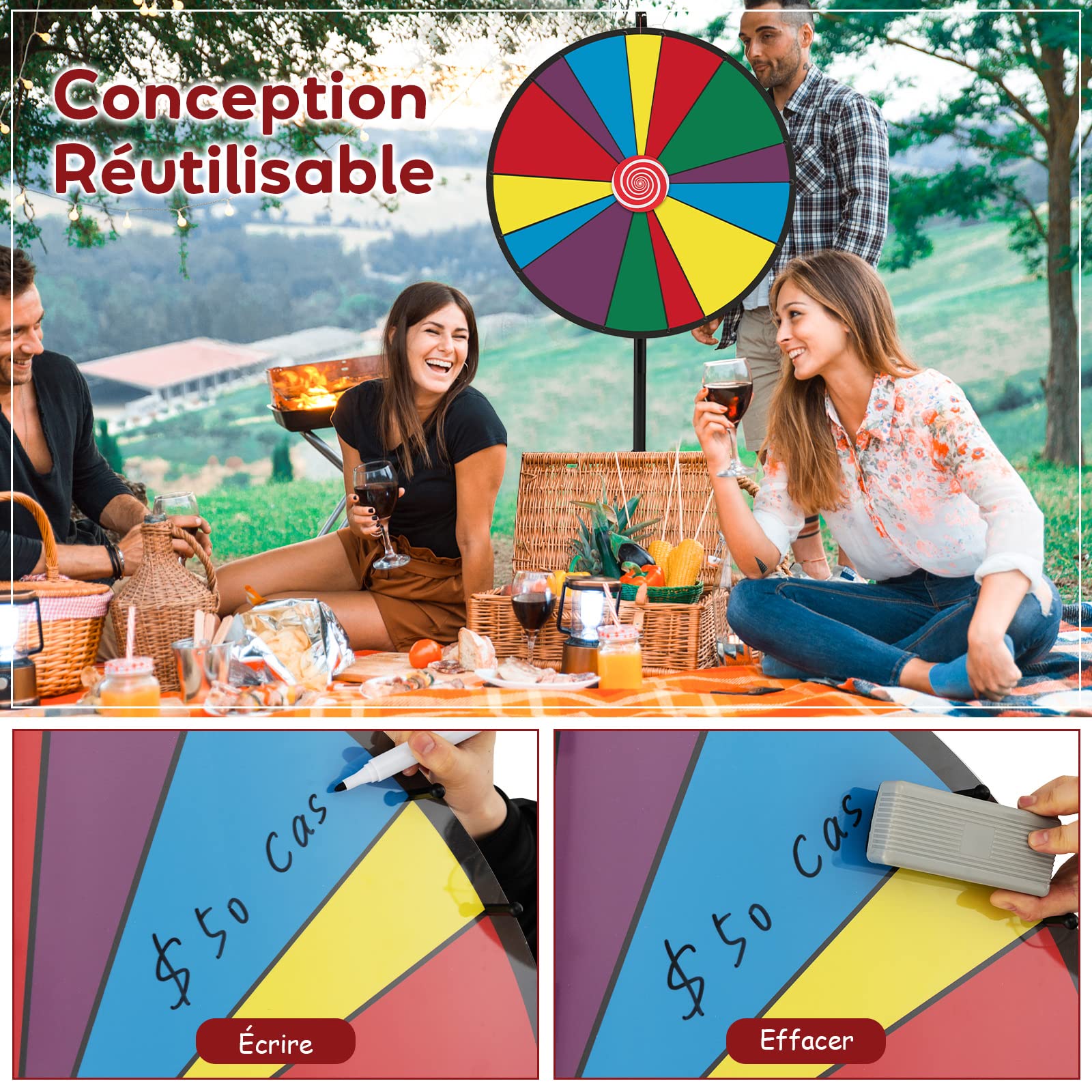 GOPLUS - Rueda de la fortuna Φ 76 cm,rueda de precio de altura ajustable con trípode y 14 ranuras personalizable,rueda de juego reutilizable con bolígrafo borrable goma para fiestas,cumpleaños