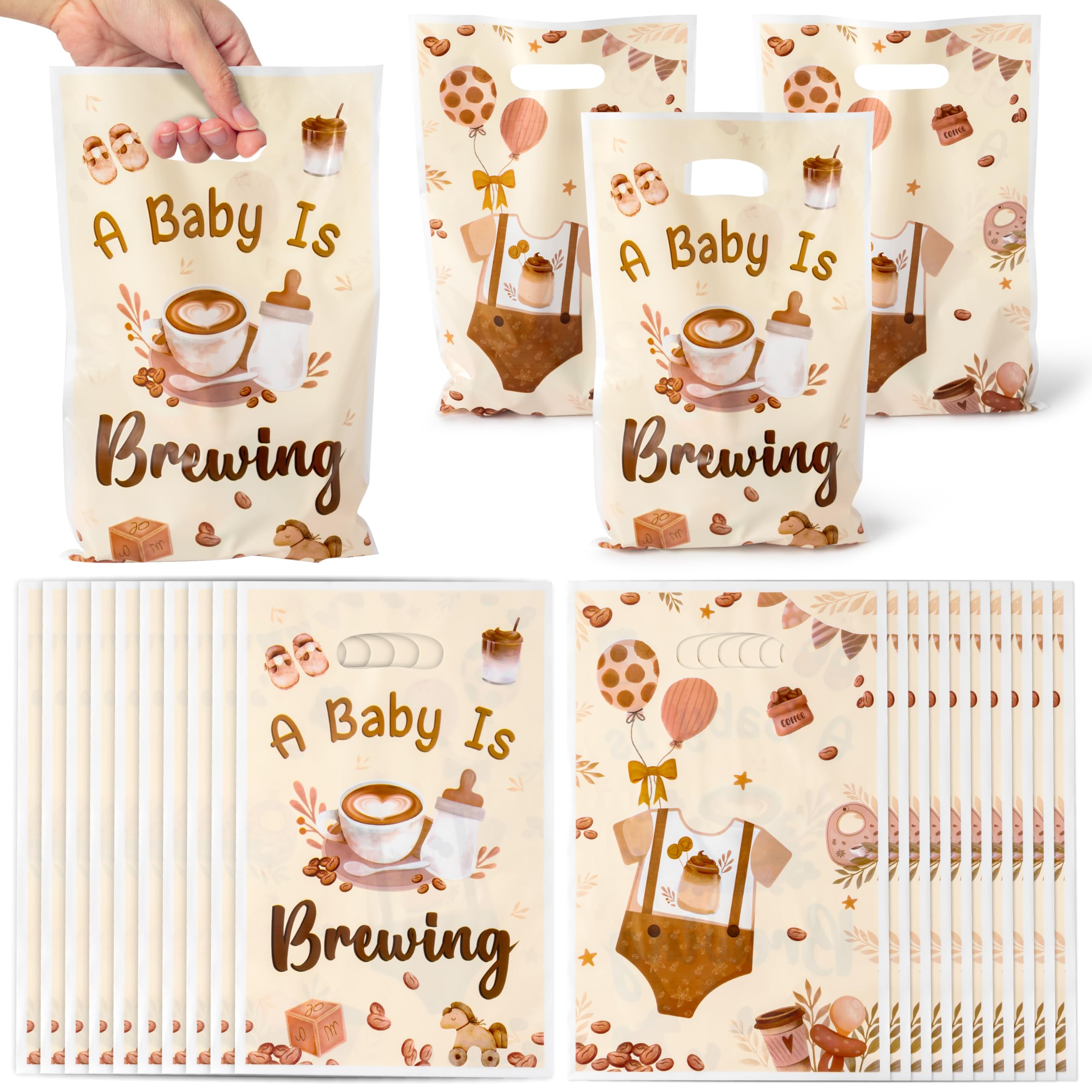 K1tpde 50 bolsas de regalo de fiesta de baby shower, temática de café, bolsas de regalo de plástico marrón a granel con asa para niños, decoración de cumpleaños de bebé en flor para embarazo