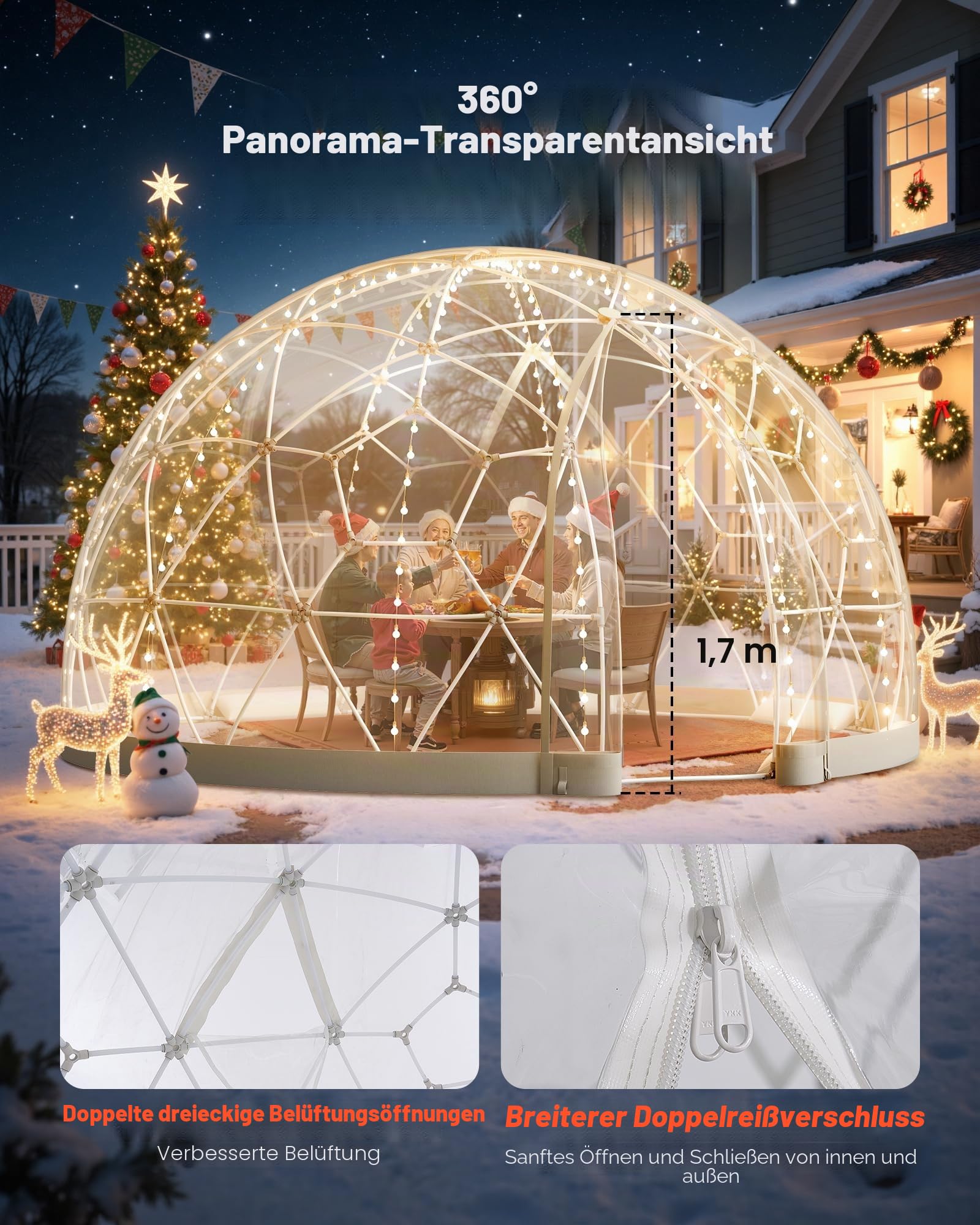VEVOR Gartenkuppel, 3,6 x 2,2 m großes transparentes Blasenzelt für 4–7 Personen, geodätisches Kuppelgewächshaus mit Fenster, PVC-Zelt für Hinterhof, Terrasse, Camping, Party, Hochzeit