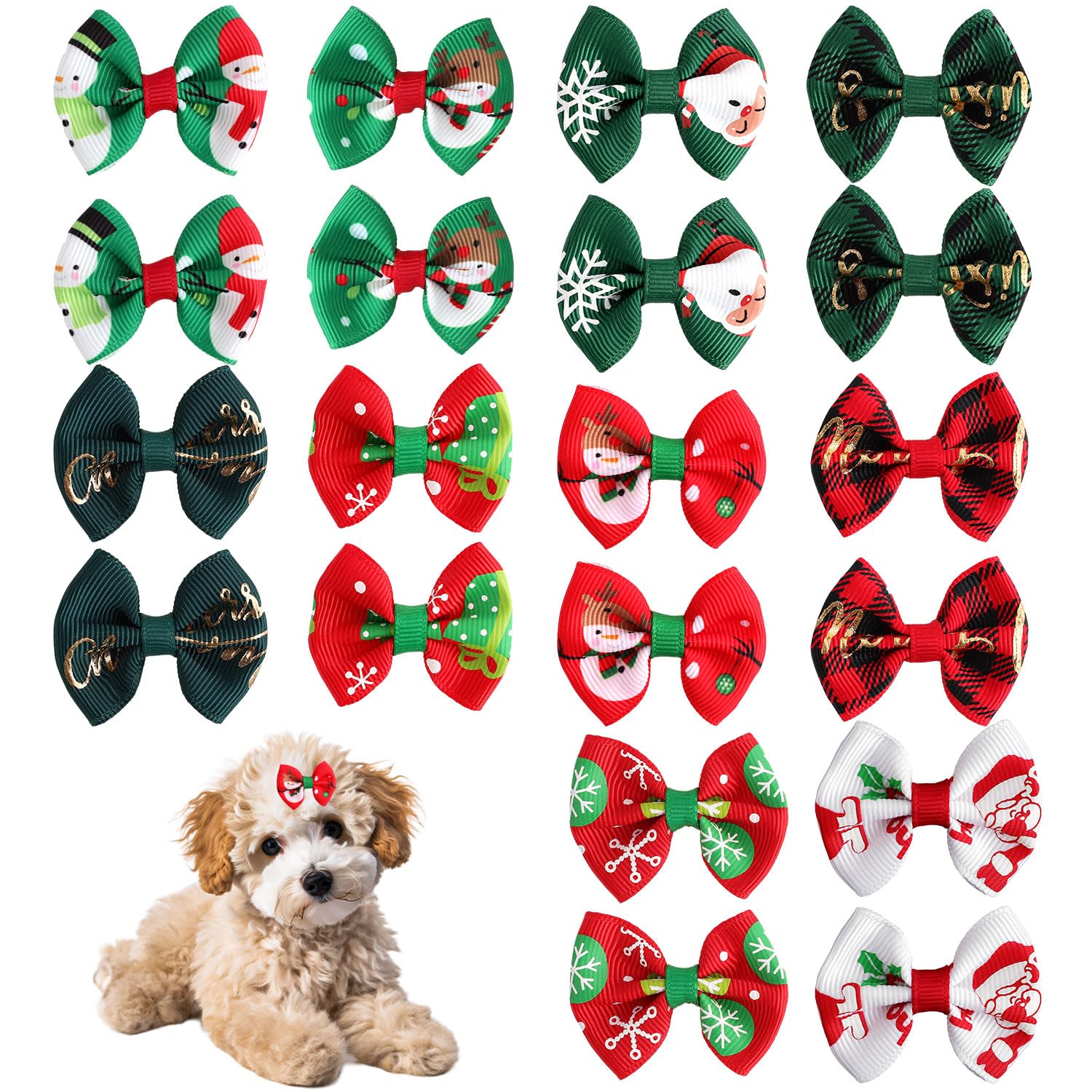 20pcs/10 Pairs Christmas Dog Hair Bows with Rubber Bands, Holiday Small Size Puppy Bows Colorful Dog Bow Ears Hair Tie Bowknot Dog Hair Accessories for Festival Daily Pet Grooming Use