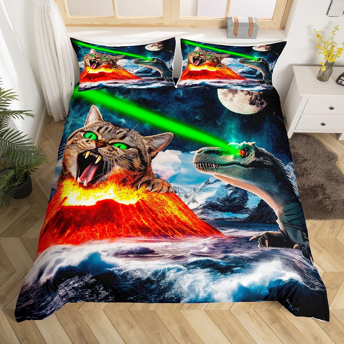 jejeloiu Funny Cat Bedding Set Toddler Size Kids Dinosaur Moon Comforter Cover for Boys Girls Teens Cute Kitten Duvet Cover Soft Lightweight Microfiber Room Decor,No Stuffing