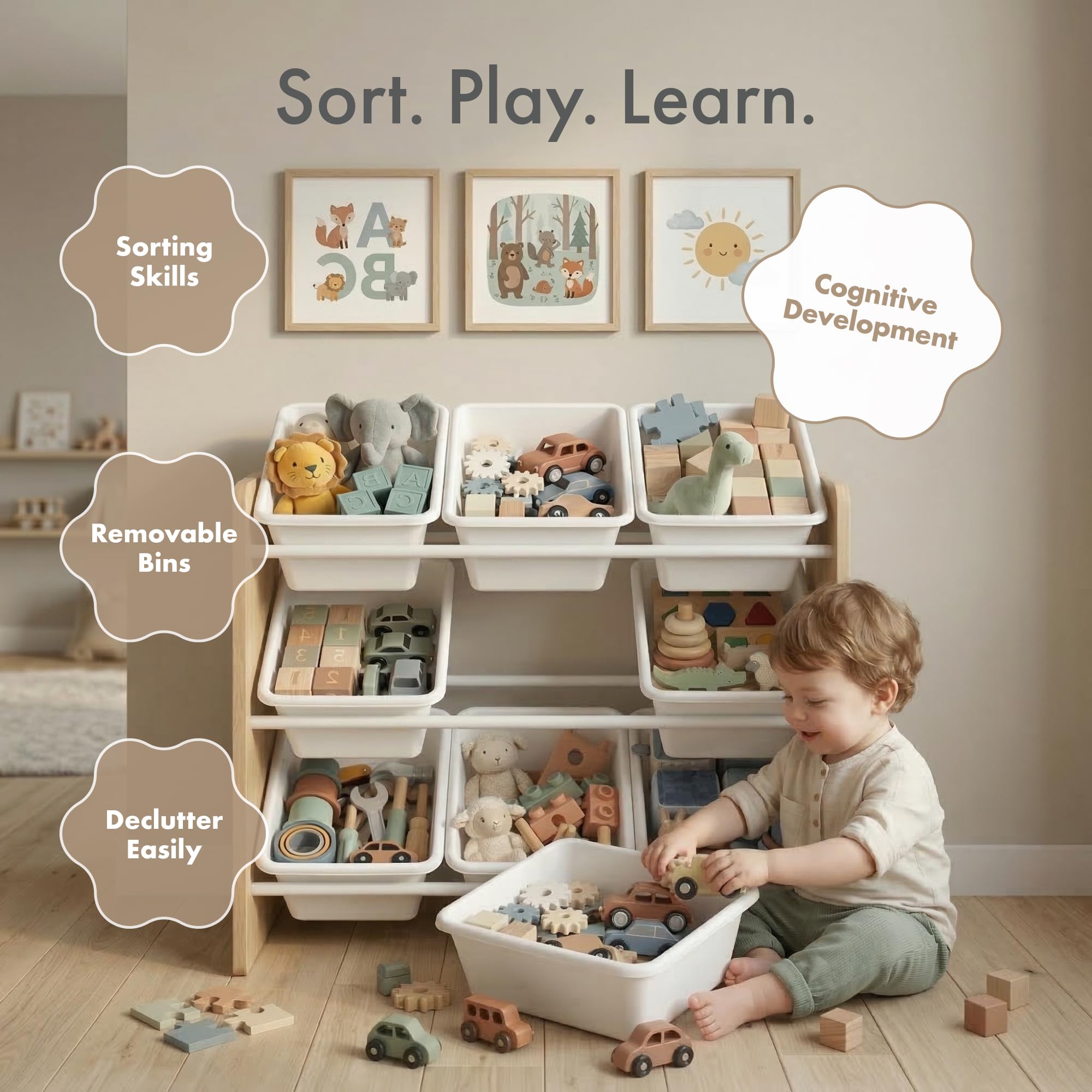 HumbleCrew Scaffale Bambini Ecologico: Organizer Giocattoli con 9 Contenitori, Design Naturale/Bianco, Perfetto per Camerette Moderne e Ordinate