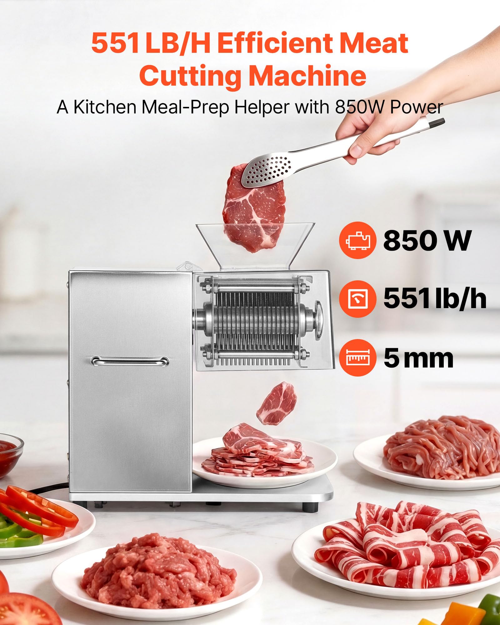 VEVOR 850W Professional Electric Meat Slicer with 5mm Stainless Steel Sharp Blade for Fresh Boneless Meat and Soft Vegetables Kitchen Restaurant Deli