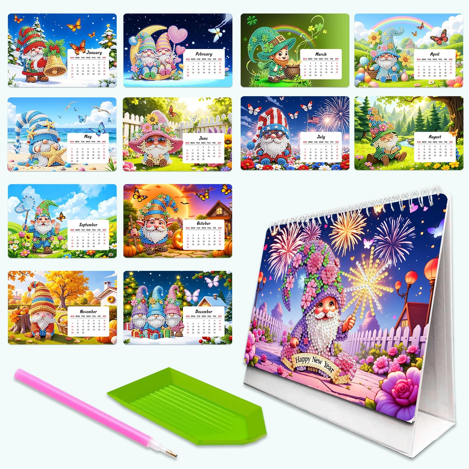 Lebartm 2027 DIY Diamond Art Desk Calendar Creative Design Thick Paper Calendar Ornaments Diamond Art Painting Monthly Flip Tabletop Calendar for Office Home Planning-Goblin03