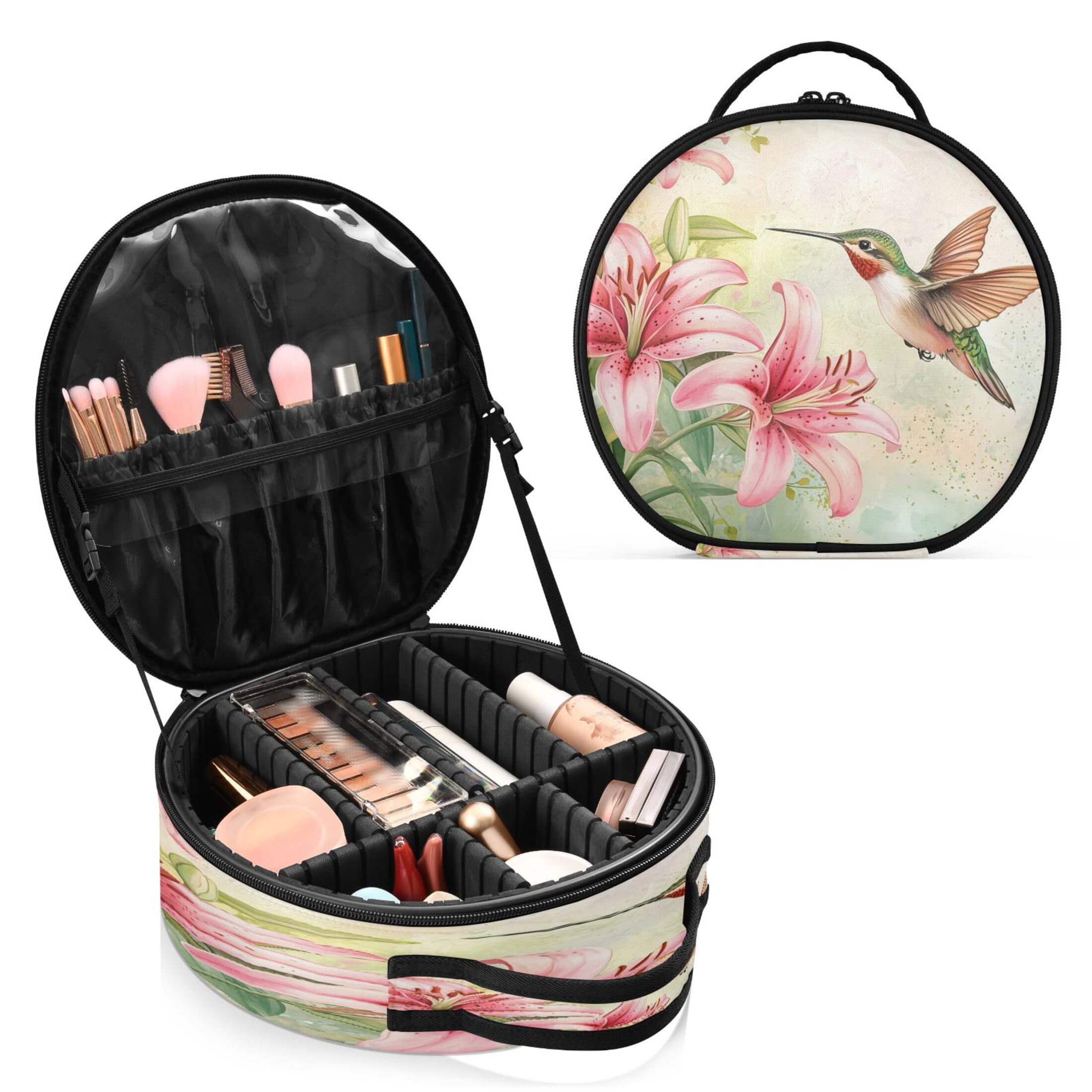 Takiito Hummingbird Pink Lilies Travel Makeup Case Portable Makeup Box Artist Cosmetic Case Organizer With Adjustable Dividers