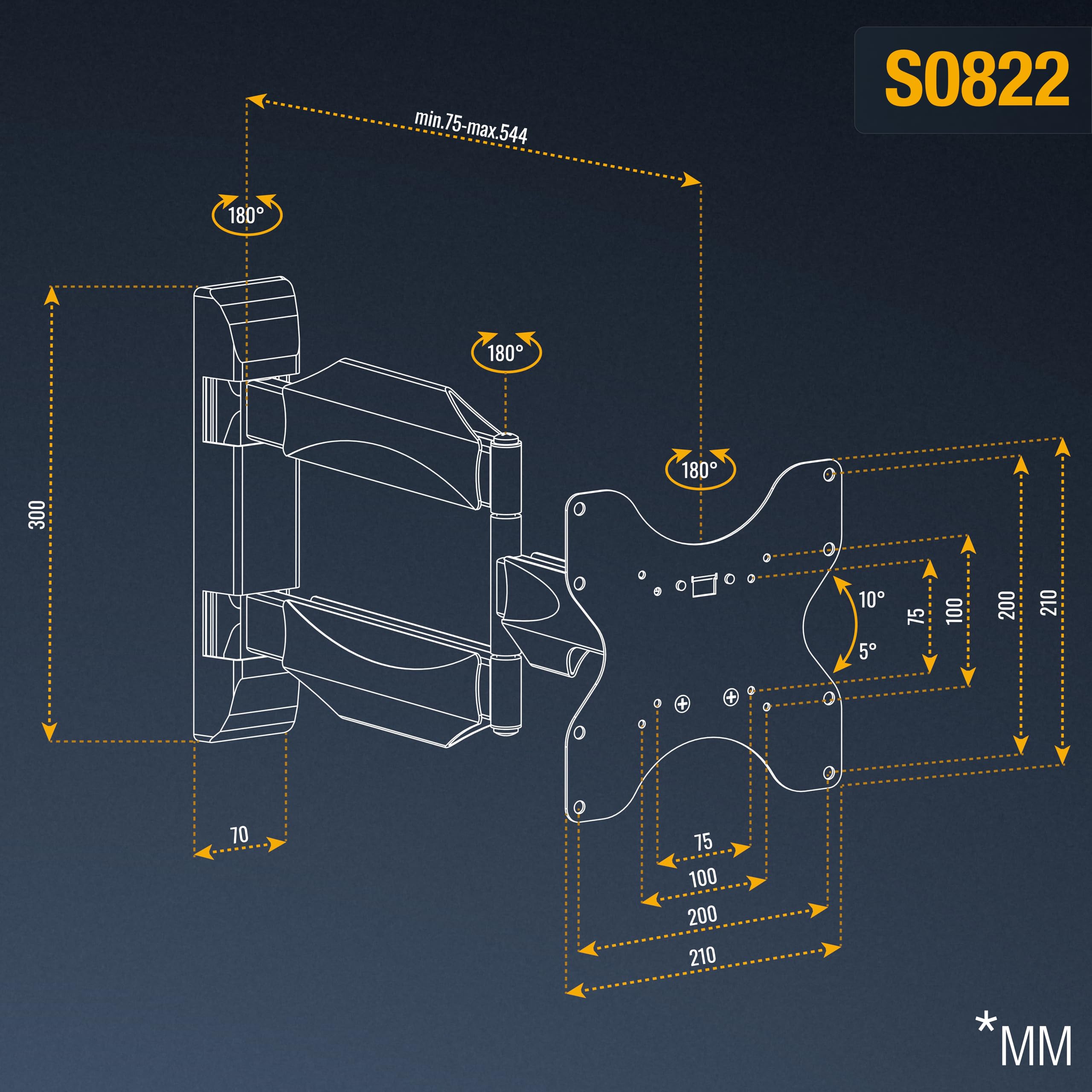 RICOO S0822 Support Mural TV 32 40 42 43 48 50 55 Pouces VESA 75x75 100x100 200x100 200x200 Orientable Inclinable Rotatif Universel Fixation Murale TV QLED OLED LED LCD Écran incurvé