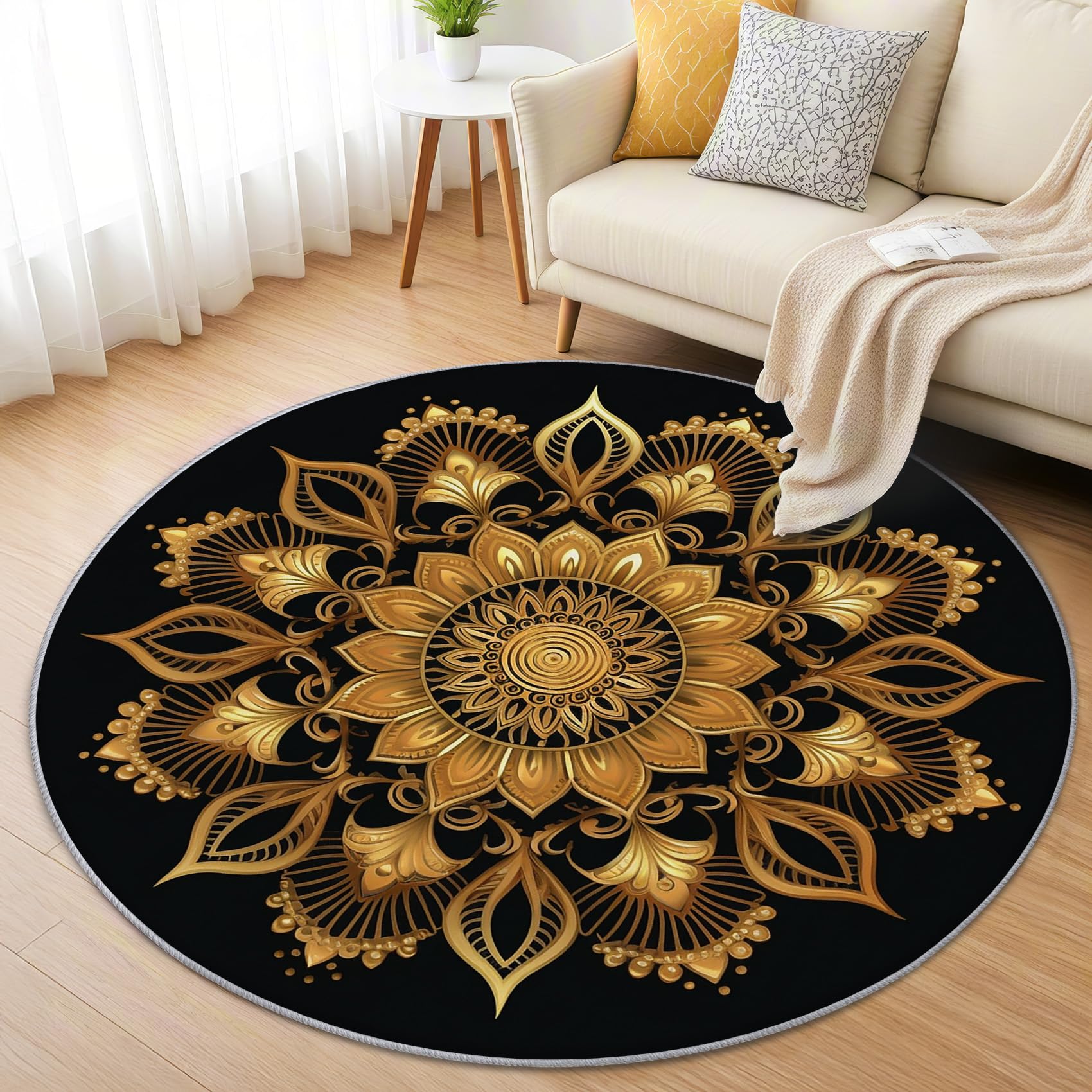 Mandala Teppich Rund 120cm Kurzflor - Waschbare Teppiche Wohnzimmer Schwarz Gold - Runder Teppich 120 Durchmesser Kinderzimmer - Bettvorleger Schlafzimmer rutschfest Weich