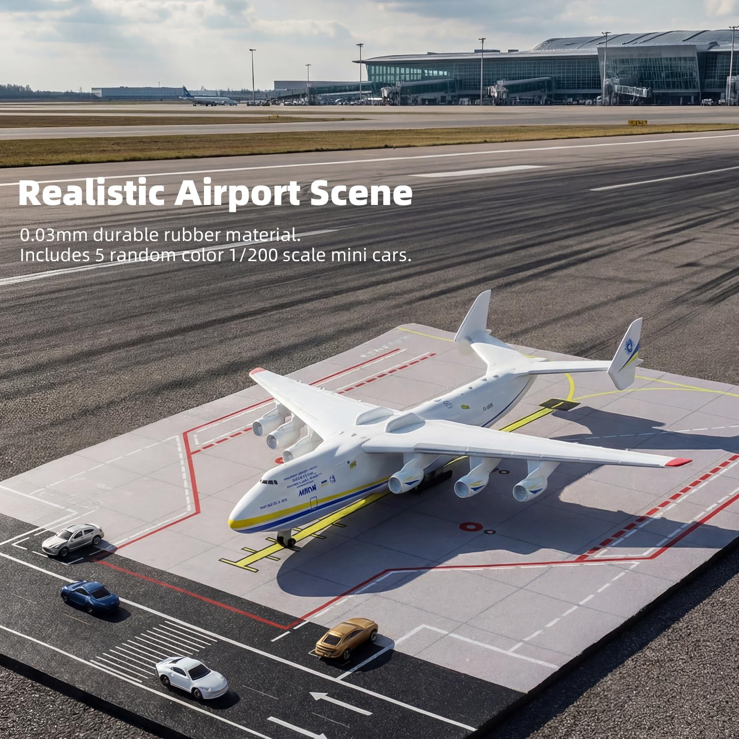 Model samolotu 1/400 AN-225 z gumową matą lotniskową i 5 mini