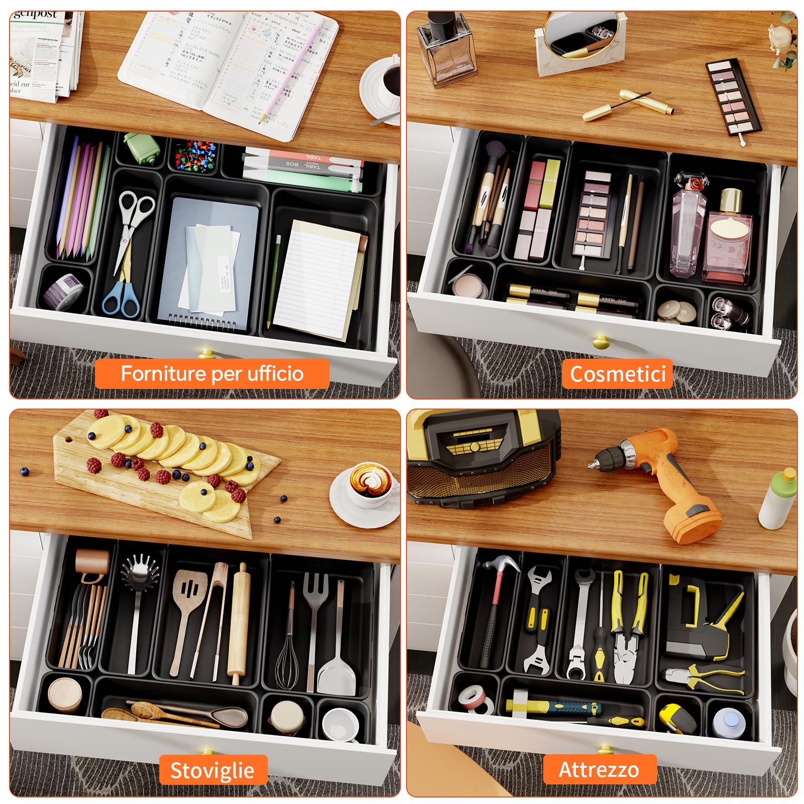 45 Pezzi Organizer Cassetti Bagno Divisori 3 Dimensioni, Scatole Portaoggetti Organizer per Scrivania, Cucina, Ufficio, Attrezzi Da Lavoro, Trucchi Cassetti, Contenitori Plastica Organizzatore