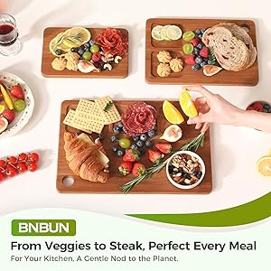 BNBUN Bamboo Cutting Board for Kitchen, Wood Cutting Board 3 Piece Set with Non-Slip Mat Deep Juice Groove and Built-In Handles, Wooden Cutting Boards for Meat Vegetables Fruit for the Home