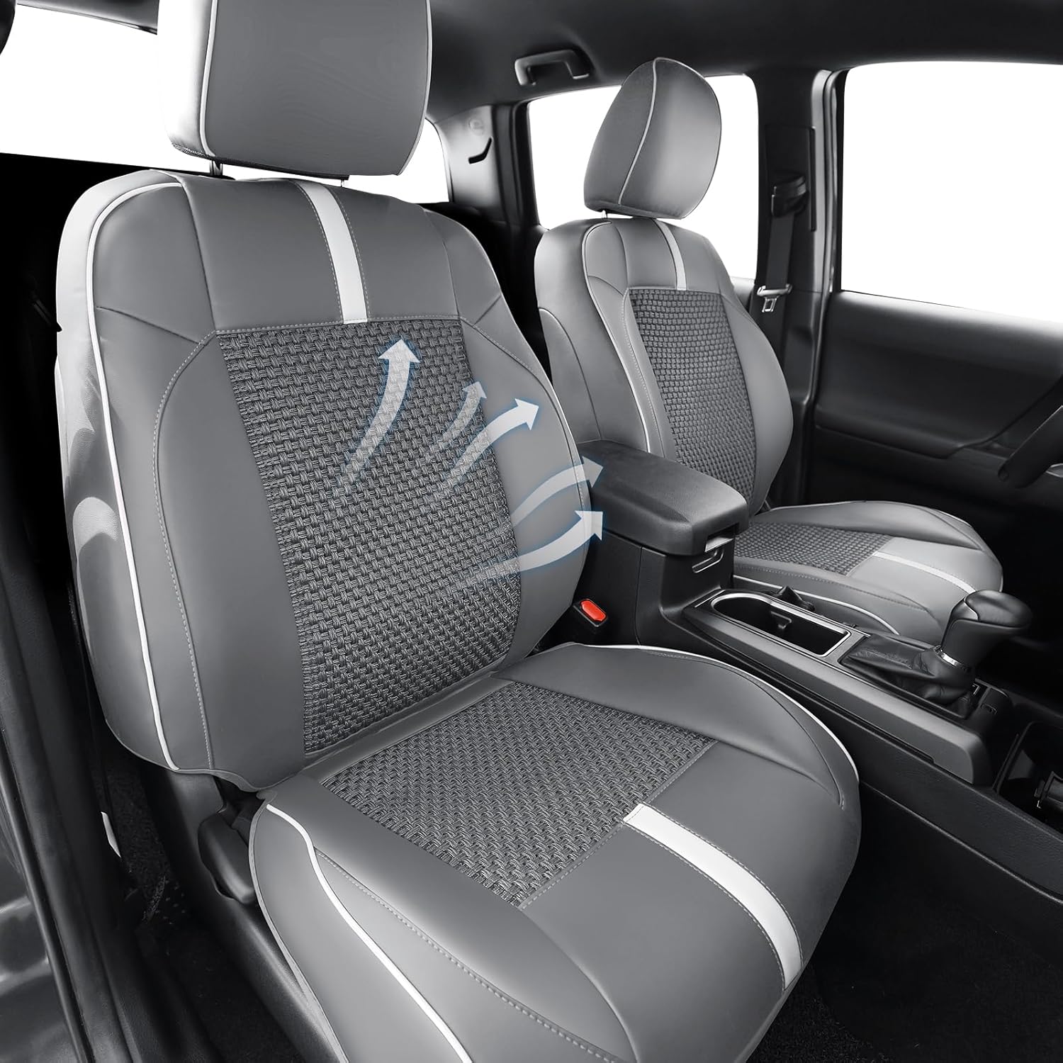 Seat Covers Custom Fit for Toyota Tacoma 2016-2023 3rd Gen Double & Crew Cab SR,SR5,Limited,TRD Pro,TRD Sport, TRD Off-Road,Full Coverage Breathable Leather Seat Covers (Full Set,Grey White)