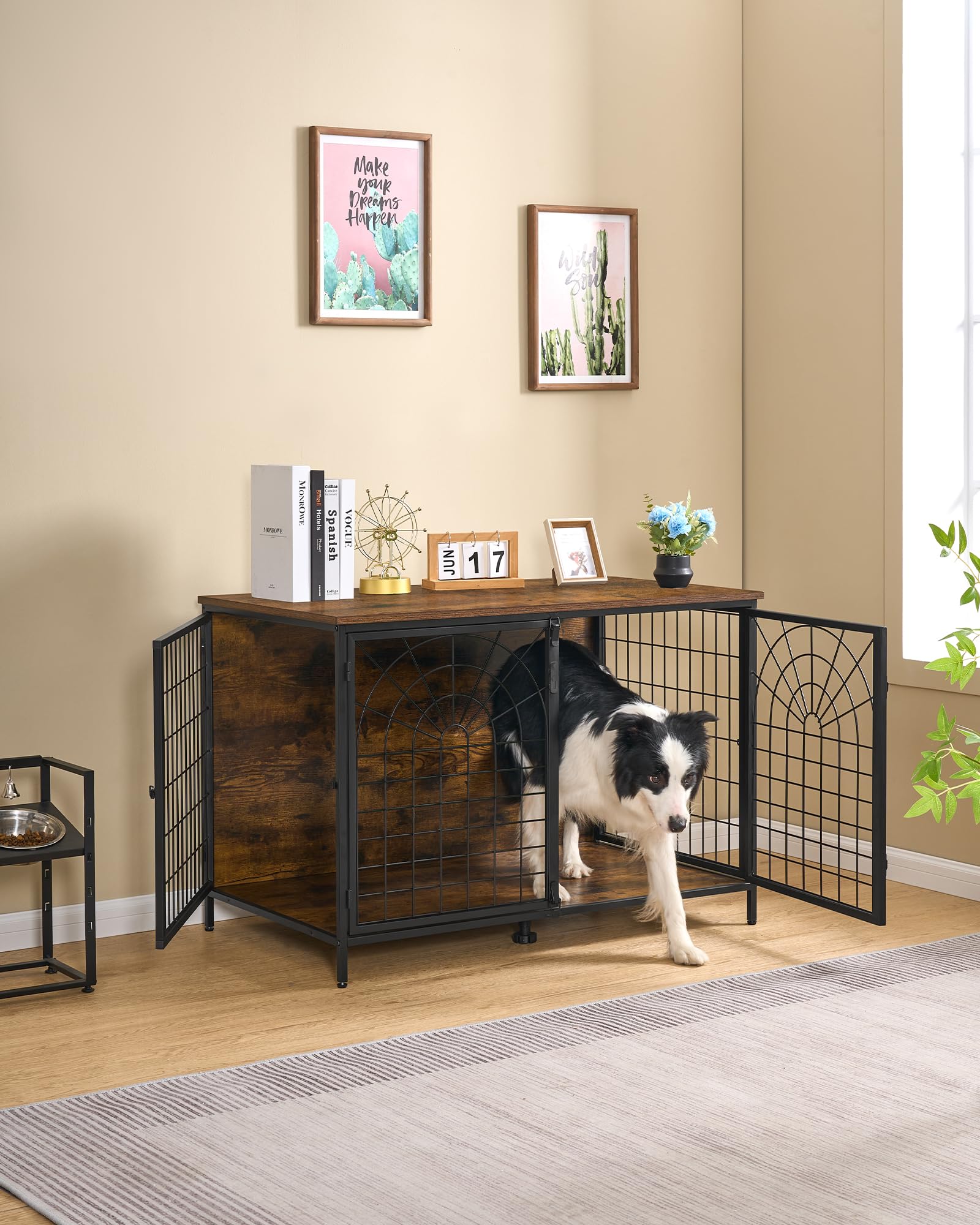 Hzuaneri 100cm Gabbia per Cani, Tavolo Supplemento, Nicchia Moderna per Cani, Kennel cane Medio Piccolo, Casetta per Animali, 3 porte, 60 x 100 x 70 cm, Anti-masticazione Anti-fuga, Marrone Rustico