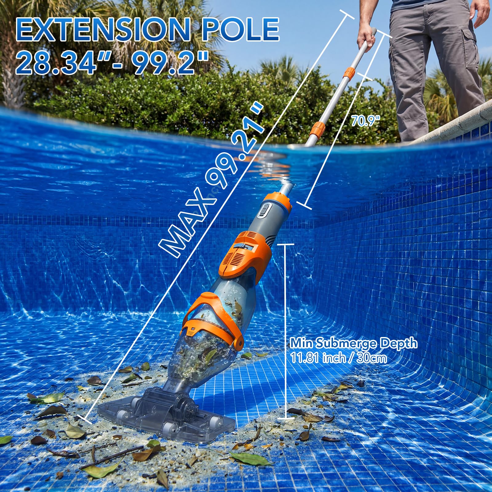 COWSAR Aspiratore per piscina fuori terra, nuova tecnologia VortexForce™ - 19,5 GPM/50kPa aspirazione potente a doppia modalità, testa più larga 34 cm e asta telescopica da 71 pollici, autonomia 1H