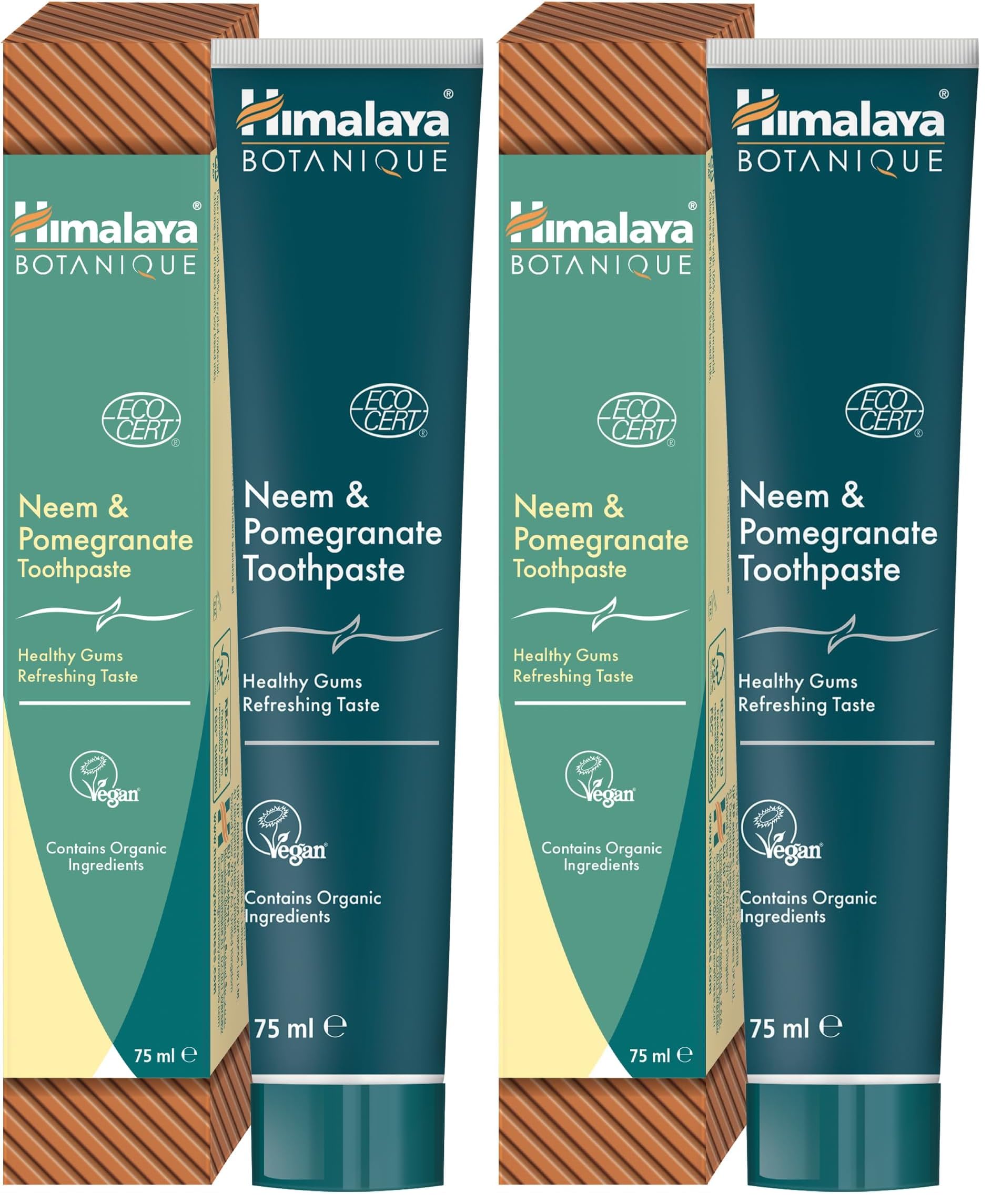 Himalaya Botanique Diş Macunu 75 ml | Ecocert Cosmos Sertifikalı | Organik Bileşenler, Neem, Nar | Florür ve Gluten İçermez (2 paketi)