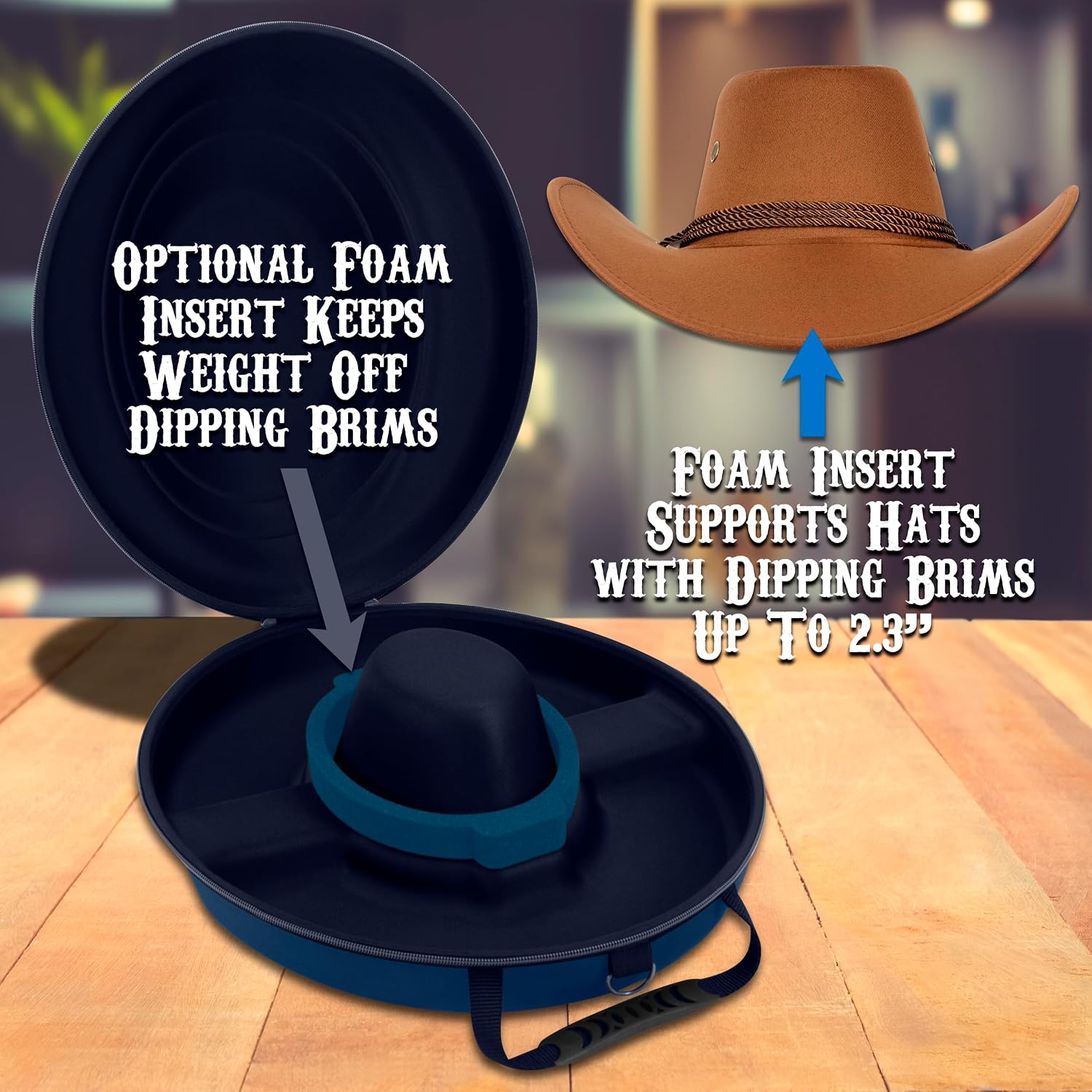 CASEMATIX Cowboy Hat Box and Portable Cowboy Hat Storage for Brims Up To 4.75" - Hard Shell Cowboy Hat Case with Carry Strap, ID Slot and Foam Insert for Dipping Brims, Blue image 5