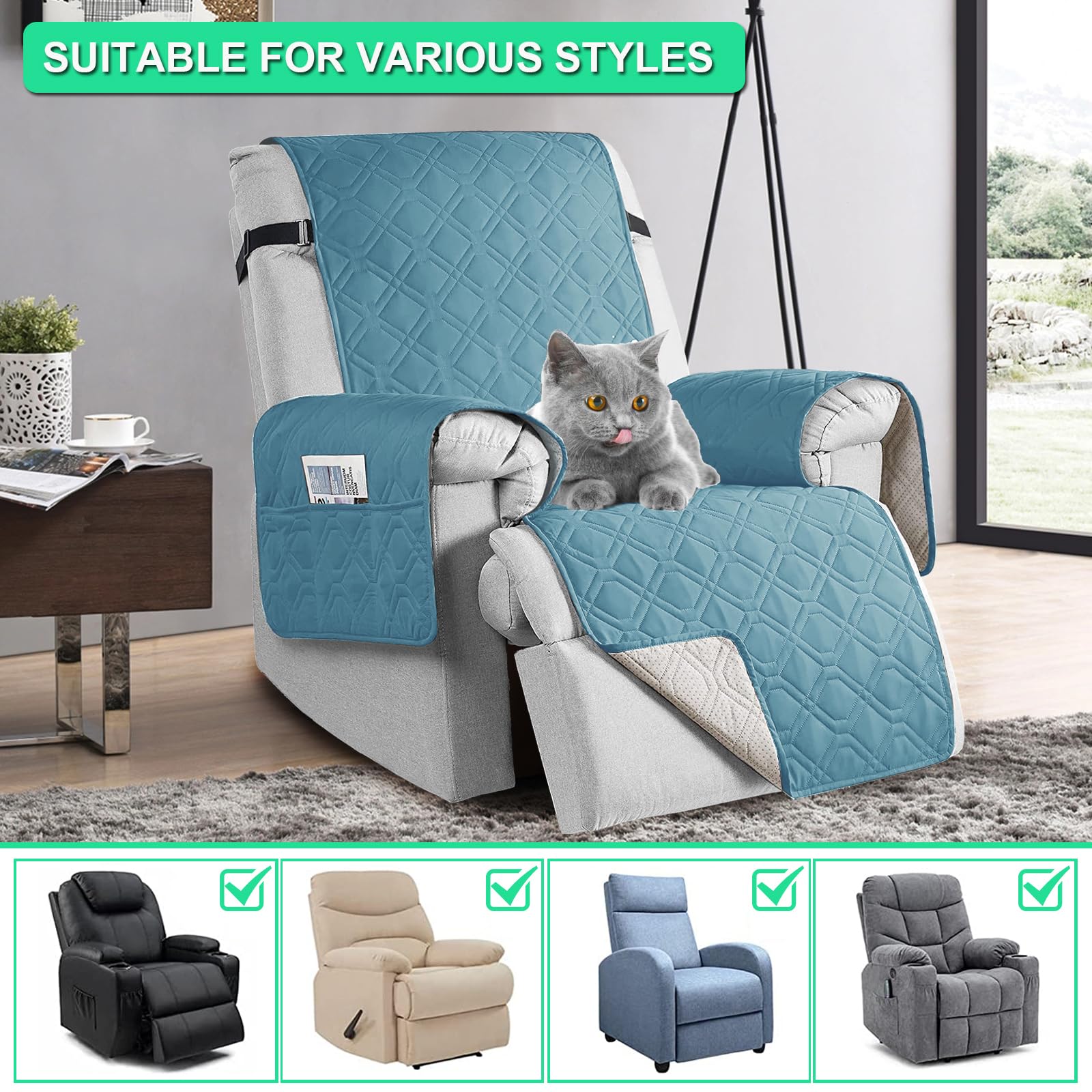 100% Waterproof Recliner Chair Cover with Pockets, Elastic Strap, Non-Slip Chair Cover for Recliner Armchairs, 1 Seat Recliner Sofa Cover, Anti-fouling Recliner Covers for Kids, Dogs, Pets (Gray Blue) - Image 3
