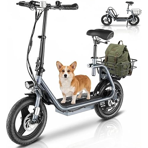 Caroma Electric Scooter with Seat for Adults, 1200W/800W Peak Motor, 30Miles Long Range & 20Mph, 14" Fat Tire Foldable E Scooter with Basket for Commuting, Grocery, Pets