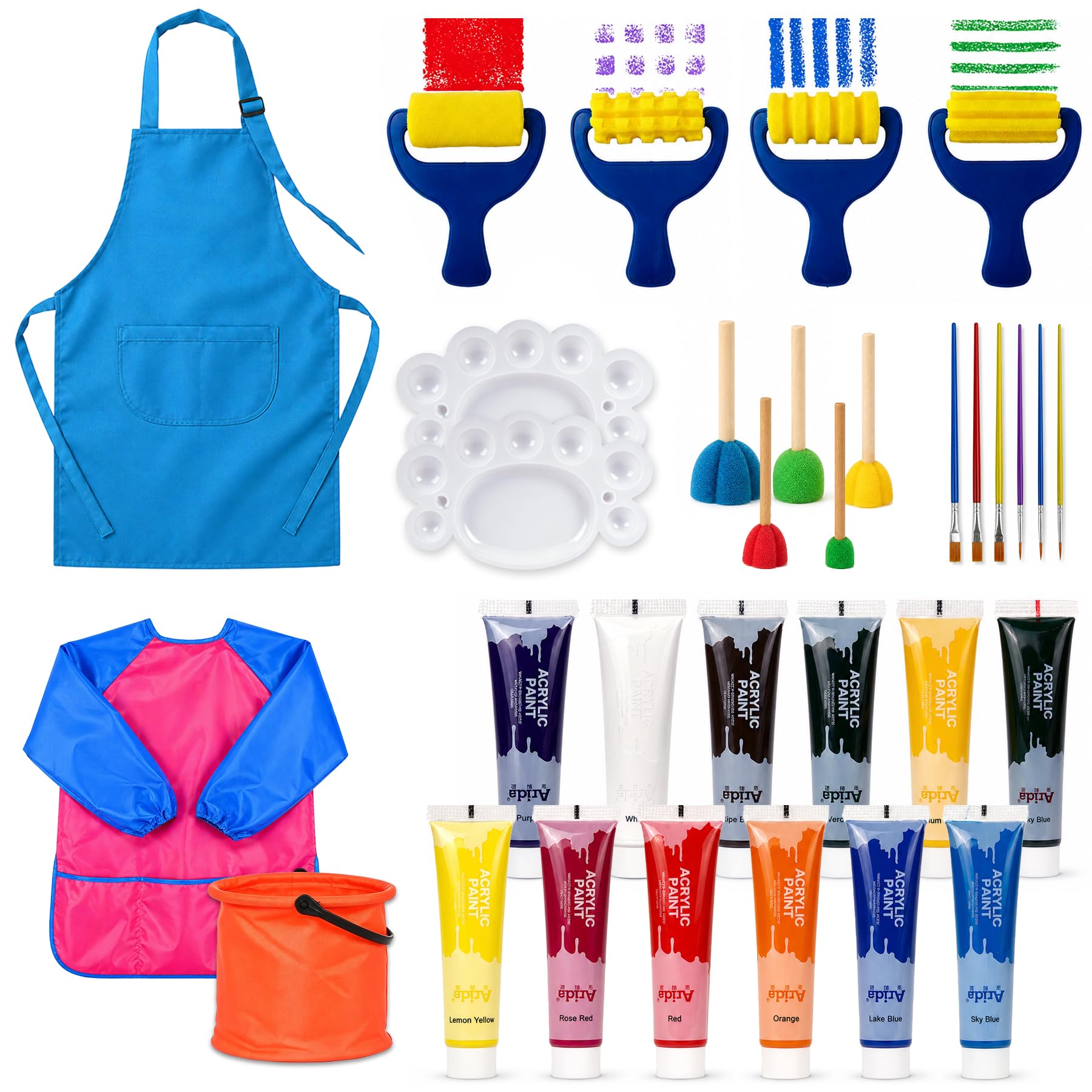 Set Pittura a Dita Bambini, 12 Colori da 35 ml, Pittura Lavabile con Pennelli, Spugne per Pittura, Tavolozza, Secchiello Pieghevole e Grembiuli Genitore-Bambino, Regalo Bambina 6-8 Anni (Rosso)