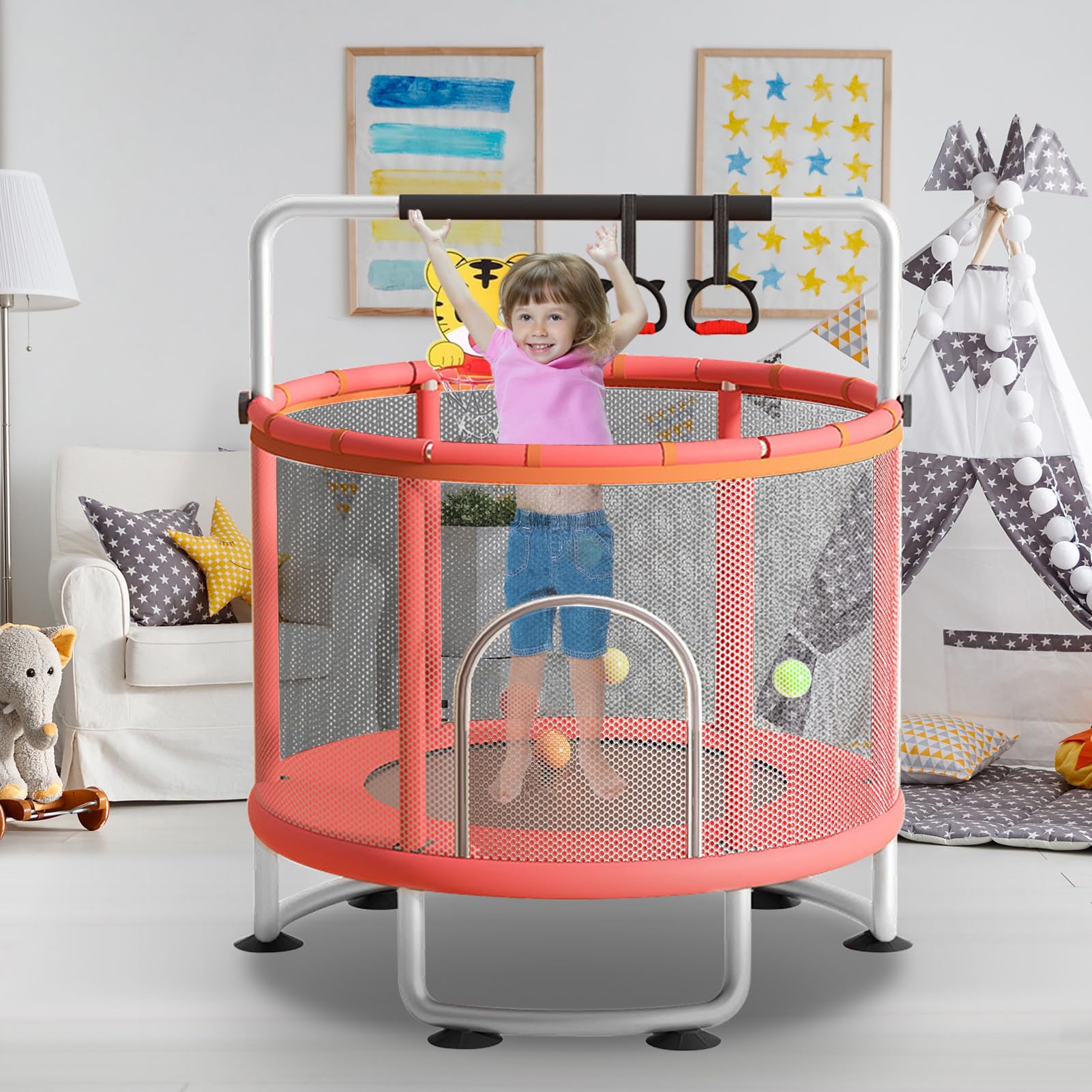 Trampolino per bambini, trampolino regolabile per bambini con rete di recinzione, trampolino per bambini con canestro da basket altalena e palline oceaniche, trampolino per interni ed esterni per