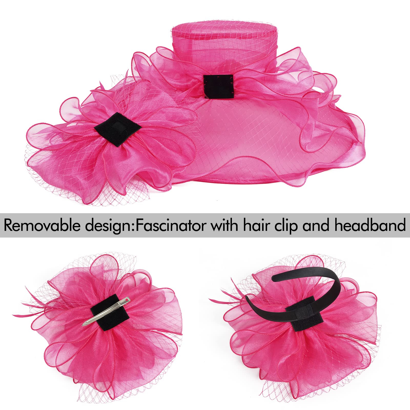 Derby Hats for Women with Headband Hairpin, Cloche Kentucky Hats for Ladies, Organza Tea Party Bridal Church Hats