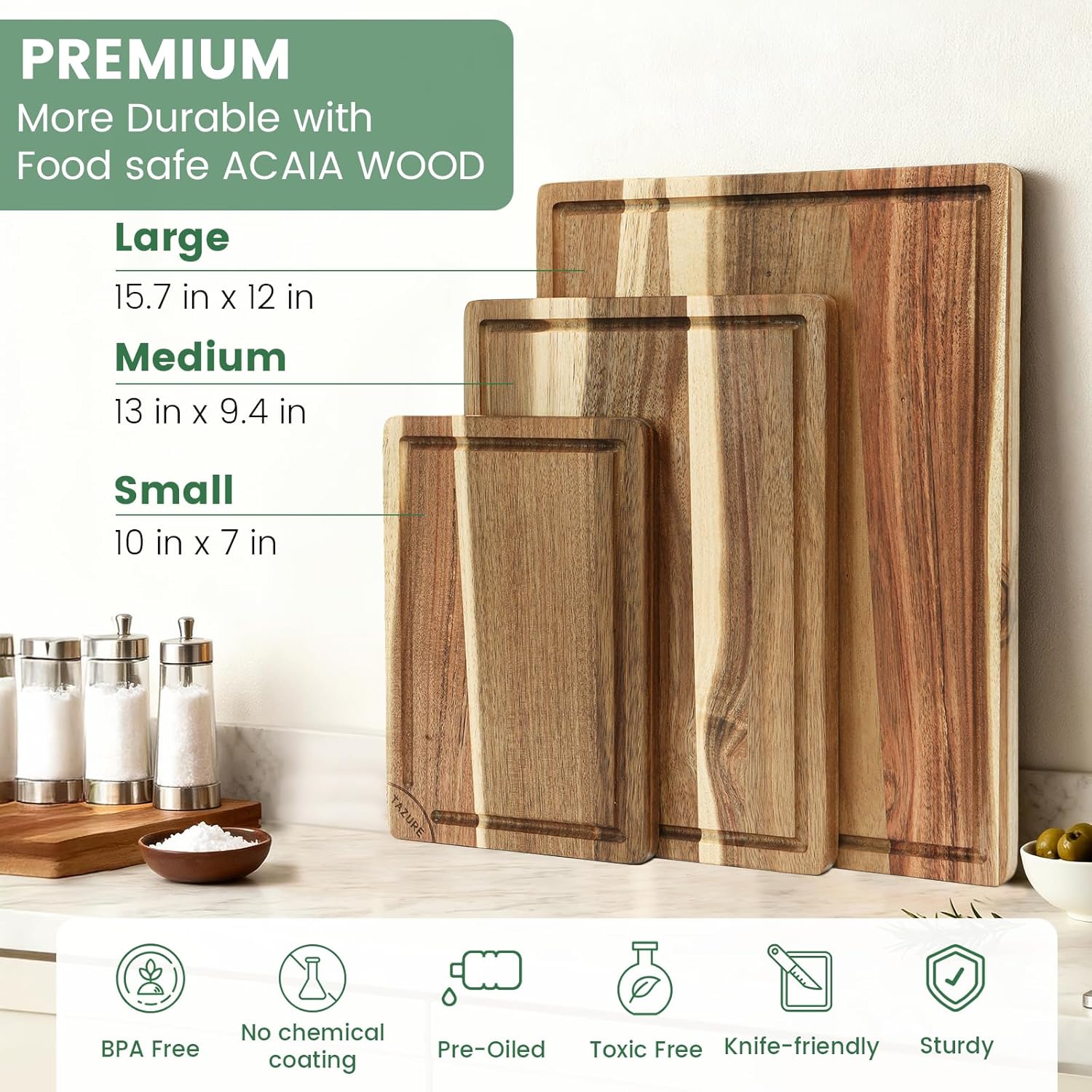 Natural Acacia Wood Cutting Board Set of 3 with Storage Stand, Heavy Duty Thick Chopping Boards for Kitchen, Deep Juice Groove & Serving Handles, Pre-Oiled Reversible Meat & Cheese Board (S/M/L)