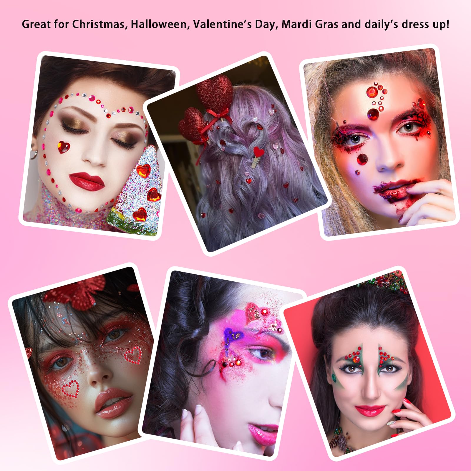 NIACONN 1760 Stück rote Haarjuwelen, Gesicht, Edelsteine, selbstklebend, Glitzer-Strass-Aufkleber für Frauen, Körper, Augen, Nägel, Festival, Halloween, Make-up und Basteln