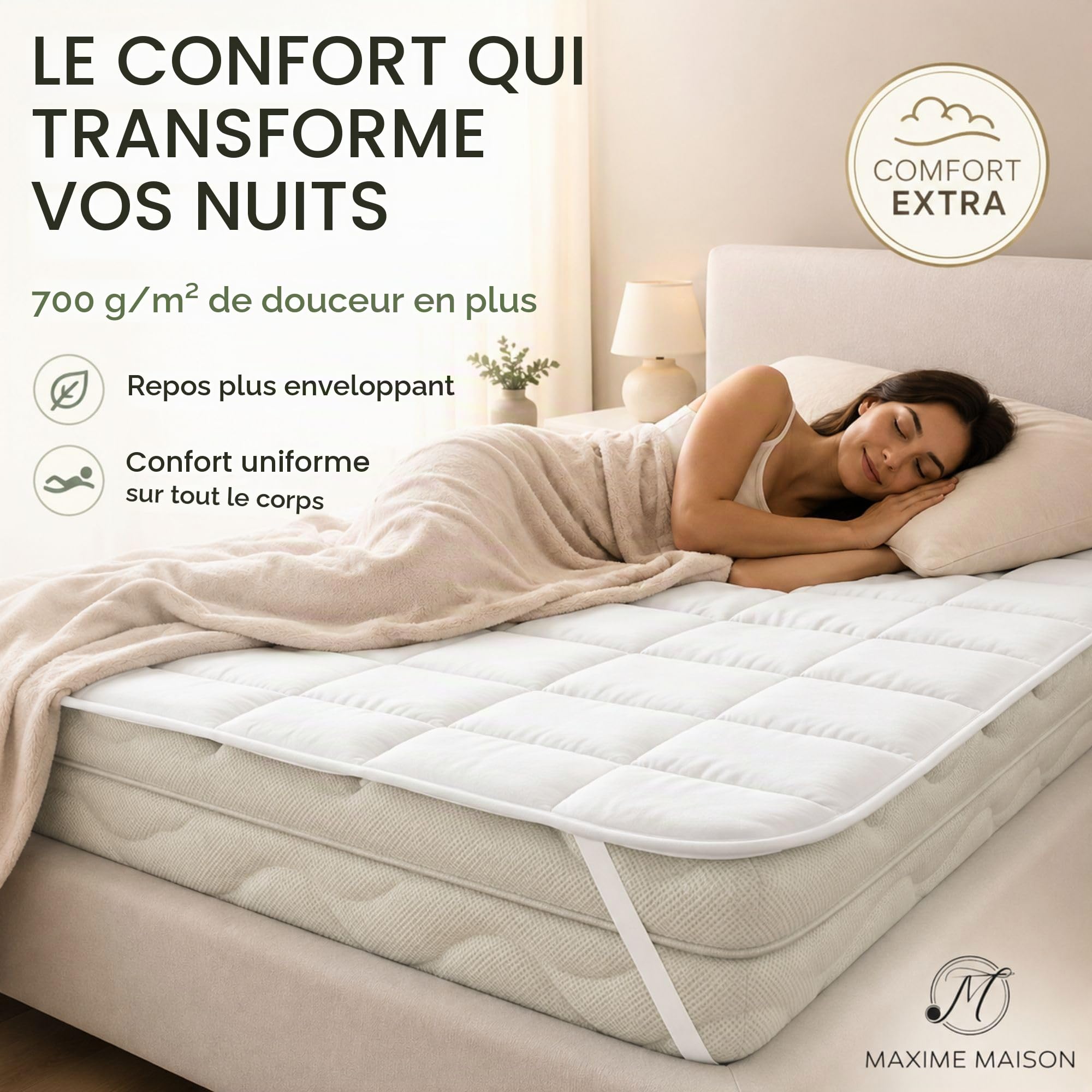 MAXIME MAISON - Topper pour lit double 180 x 190 cm, matelassé avec élastiques pour fixation, matelas double rembourrage 700 g/m², protège le matelas de l'usure et améliore la qualité du sommeil
