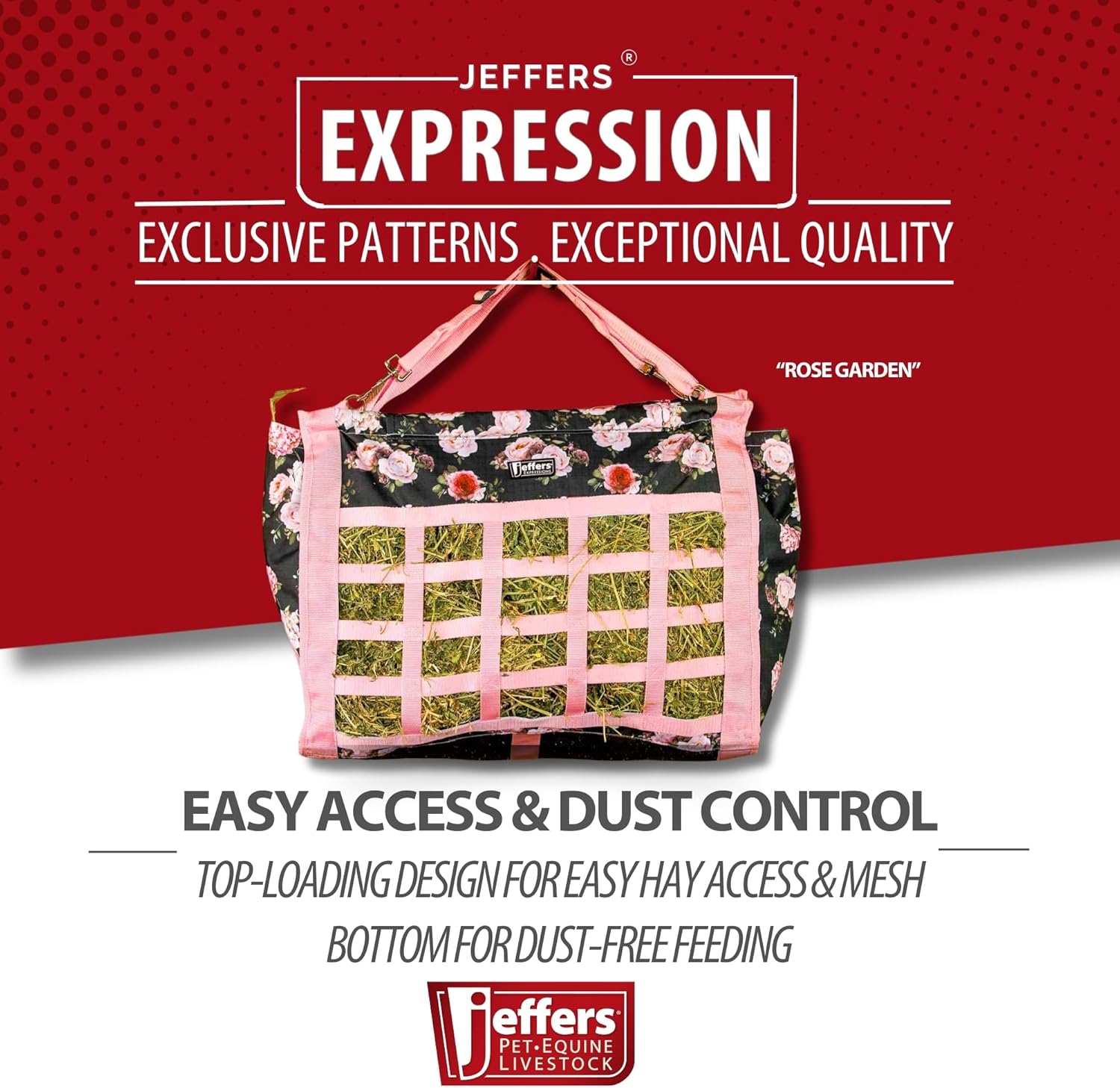 Jeffers Expression Extend Feed Hay Bag for Livestock – Durable 600D Waterproof Hay Feeder for Horse, Cattle, Goat, & Sheep, Top Loading Design w/Mesh Bottom, Farming Essentials, Rose Garden