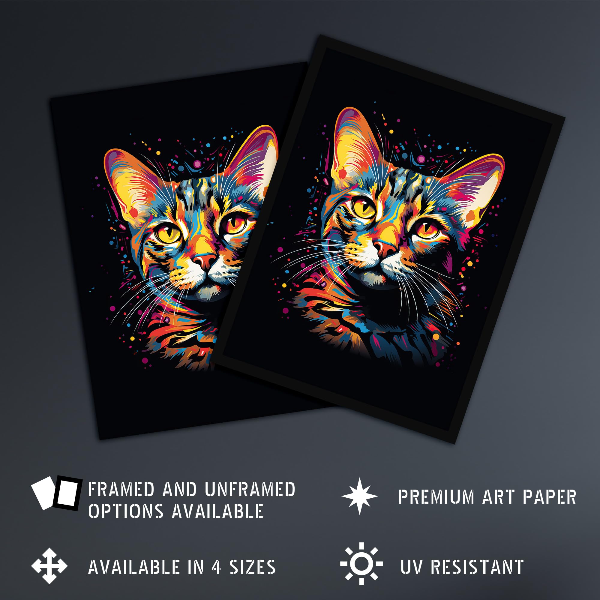 Artery8 Bengal Cat Lover Gift Pet Portrait Orange Purple Blue on Black Artwork Painting Extra Large XL Wall Art Poster Print - Image 2
