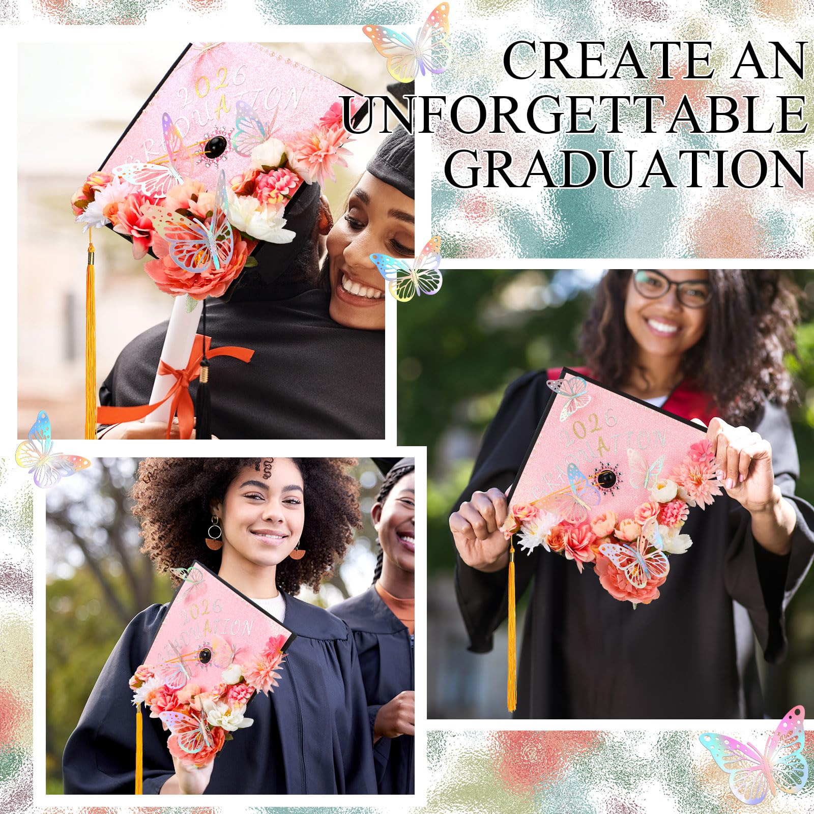 Wavwavw 44 piezas de decoración de gorra de graduación, kit de accesorios rosas con flores artificiales 3D, calcomanías de mariposa 3D, calcomanías de perlas de diamantes de imitación, calcomanías de
