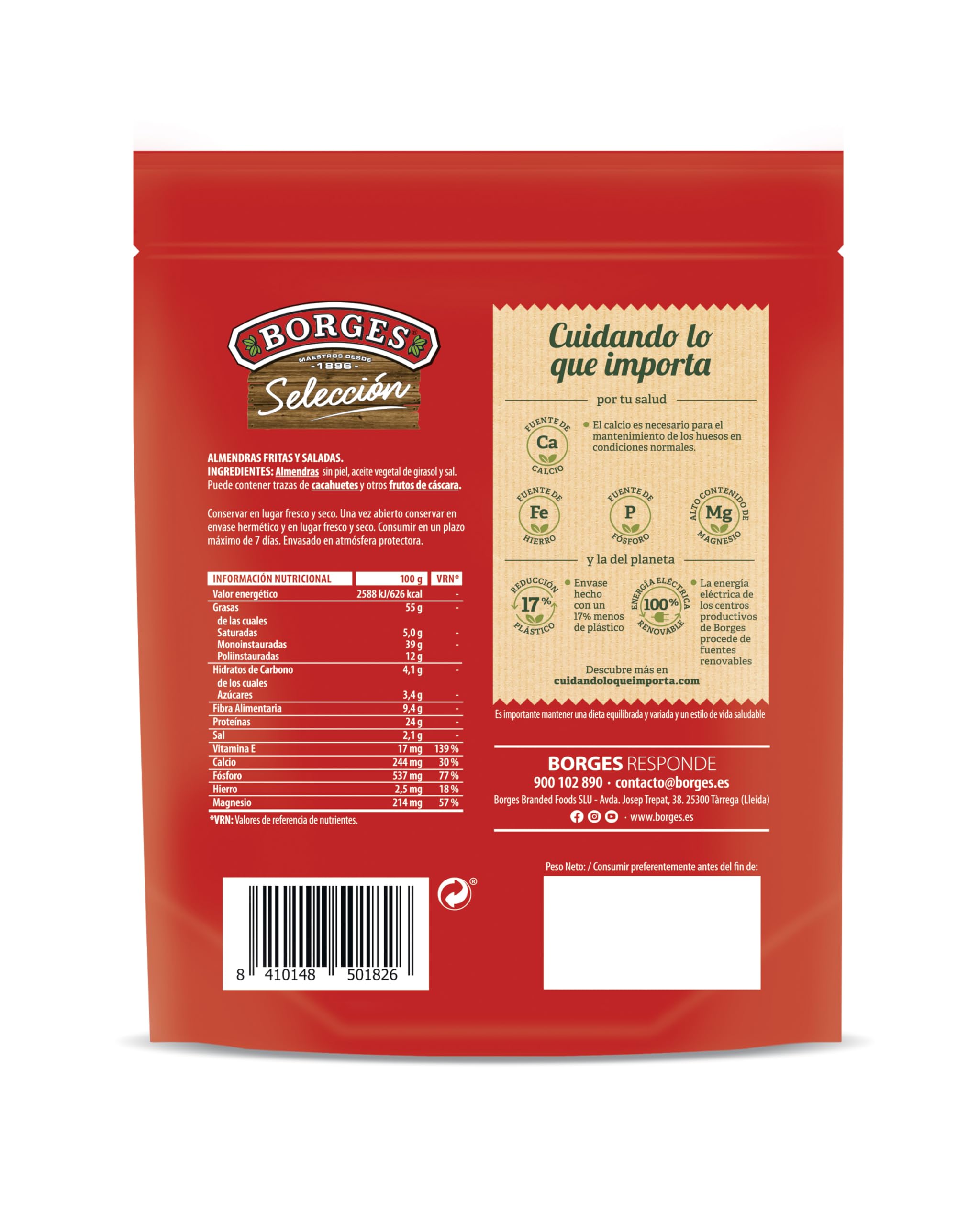 Borges - Almendras Guara Fritas y Saladas Selección Borges - Con alto contenido en vitamina E, Fósforo, Magnesio, Hierro y Calcio - Frutos Secos sin Gluten - Paquete de 160 gramos.