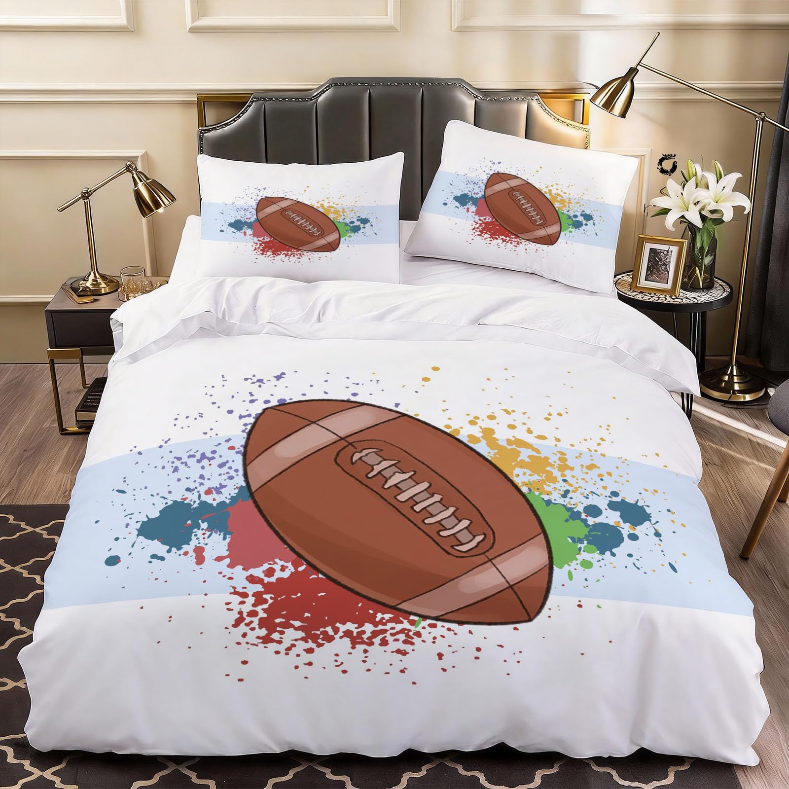 3D Rugby Duvet Cover Stripes Bedding Single Bed Set, Soft Microfiber Comforter Cover Printed with Zipper Closure Quilt Coverr 135x200 cm and 2 Pillowcases