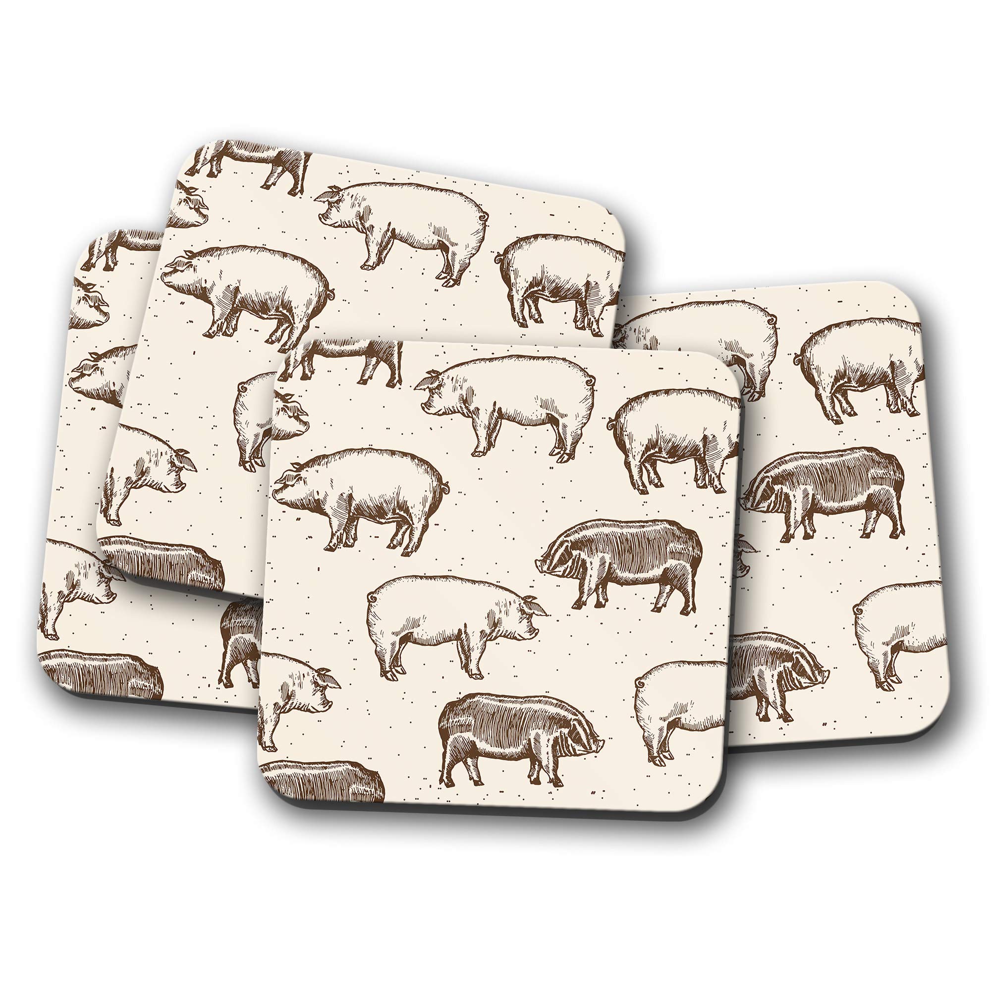 4 Set - Pig Pattern Coaster - Pigs Farm Animal Farmer Butcher Sepia #12362
