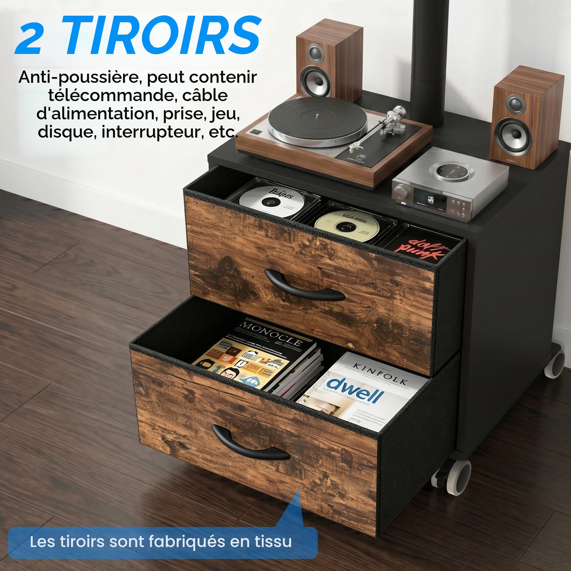 5Rcom Meuble TV à roulettes pour téléviseurs LED LCD OLED Plasma de 32 à 60" - Hauteur réglable avec Support jusqu'à 40 kg - Support TV Mobile avec tiroirs VESA Max 400 x 400 mm (Noir)