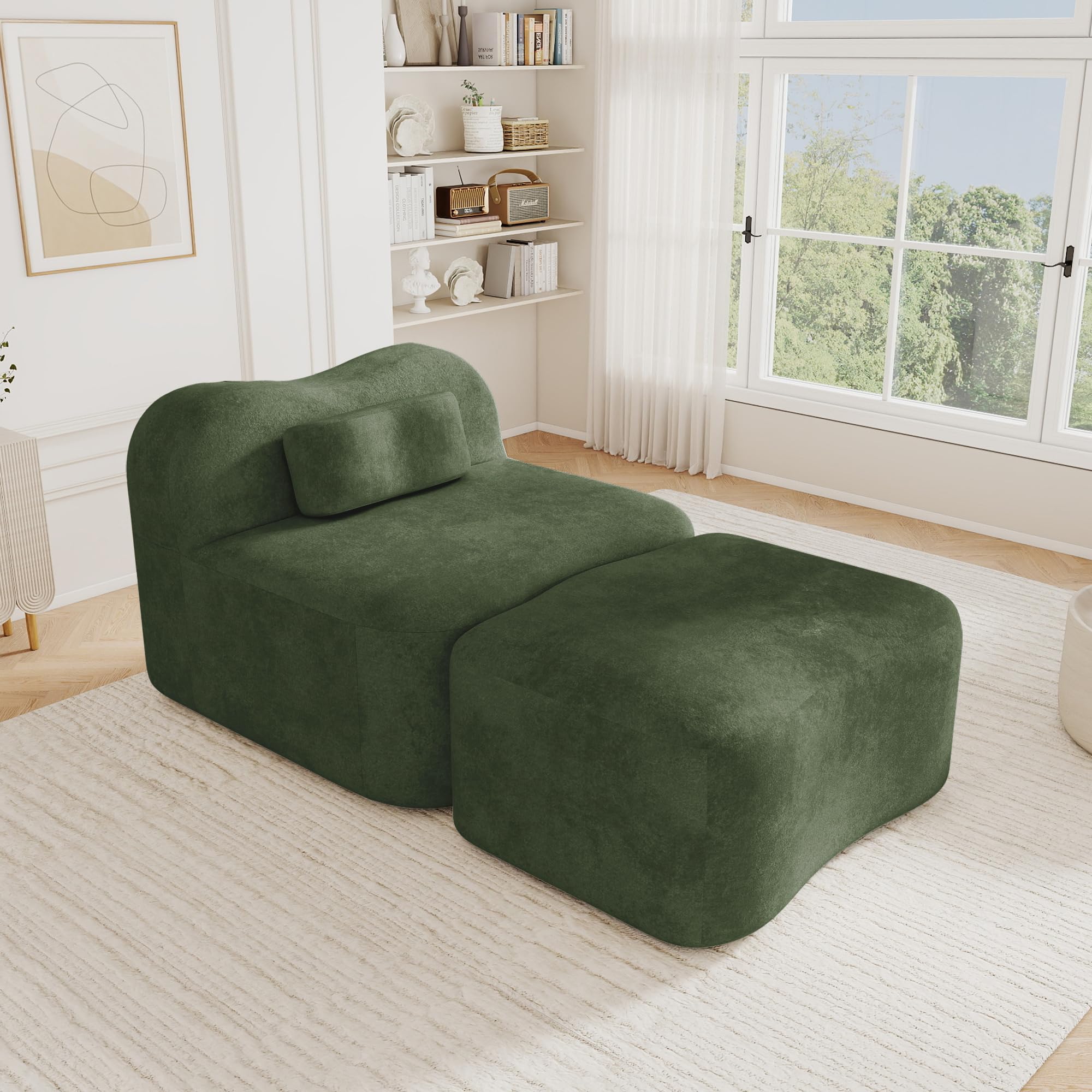 Divano con ottomano, verde, modulare singolo, senza cornice, design ondulato, imbottitura in schiuma 32D ad alta densità, cuscino per lo schienale mobile, tessuto morbido, per soggiorno e