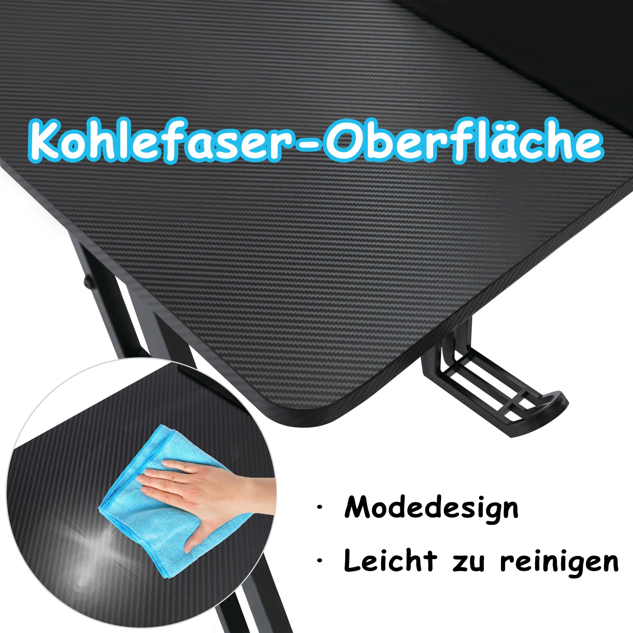 FIVMEN Schreibtisch Gaming Tisch 140x60cm Höhenverstellbar Gamingtisch mit Kabelloch & Kopfhörerständer & Tassenhalter, Kohlefaserplatte Ergonomischer PC Computertisch