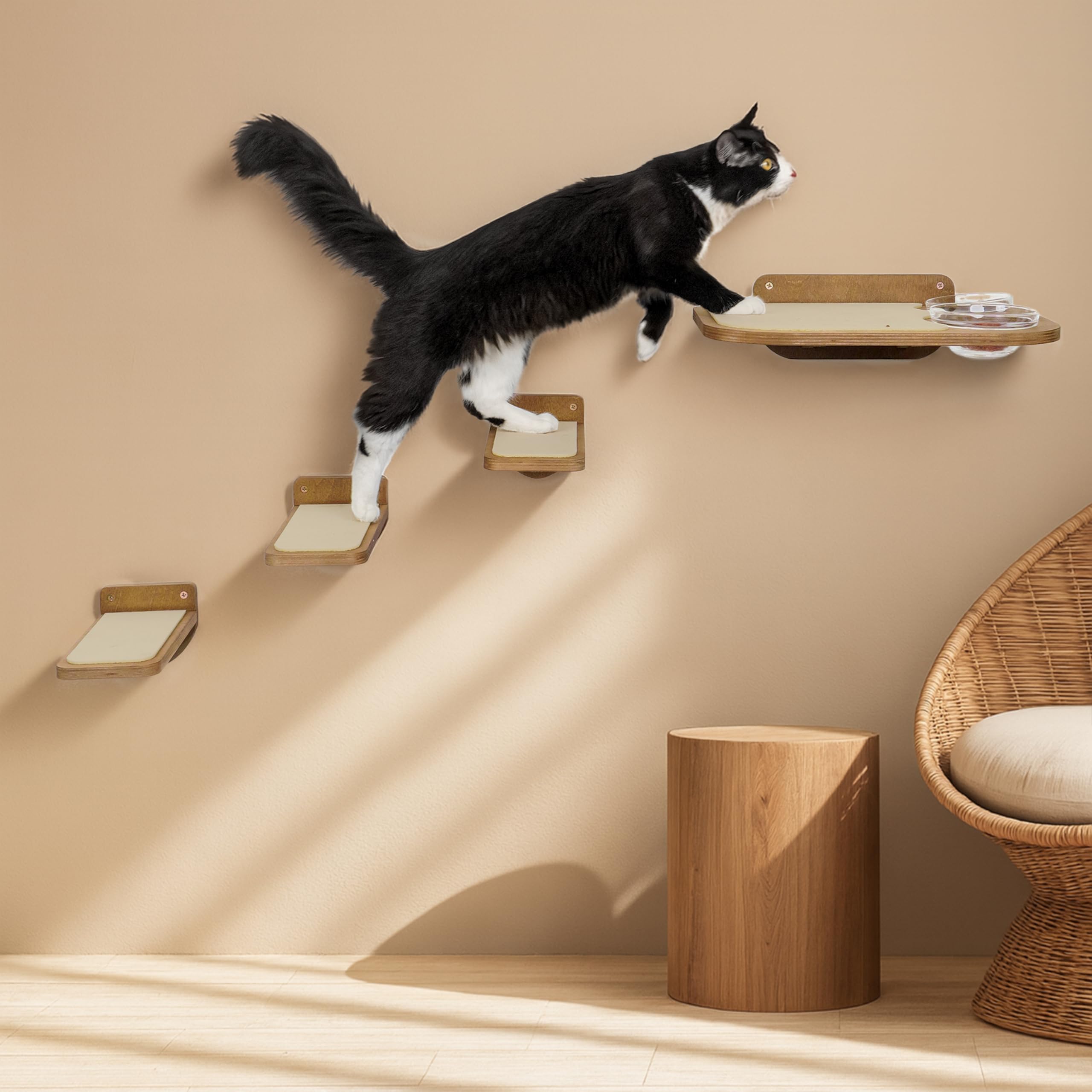 INICIO Mensole da parete per gatti – Stazione di alimentazione a prova di cane con ripiani montati a parete, resistente mensola galleggiante in betulla a 3 gradini per gatti fino a 6,8 kg, include