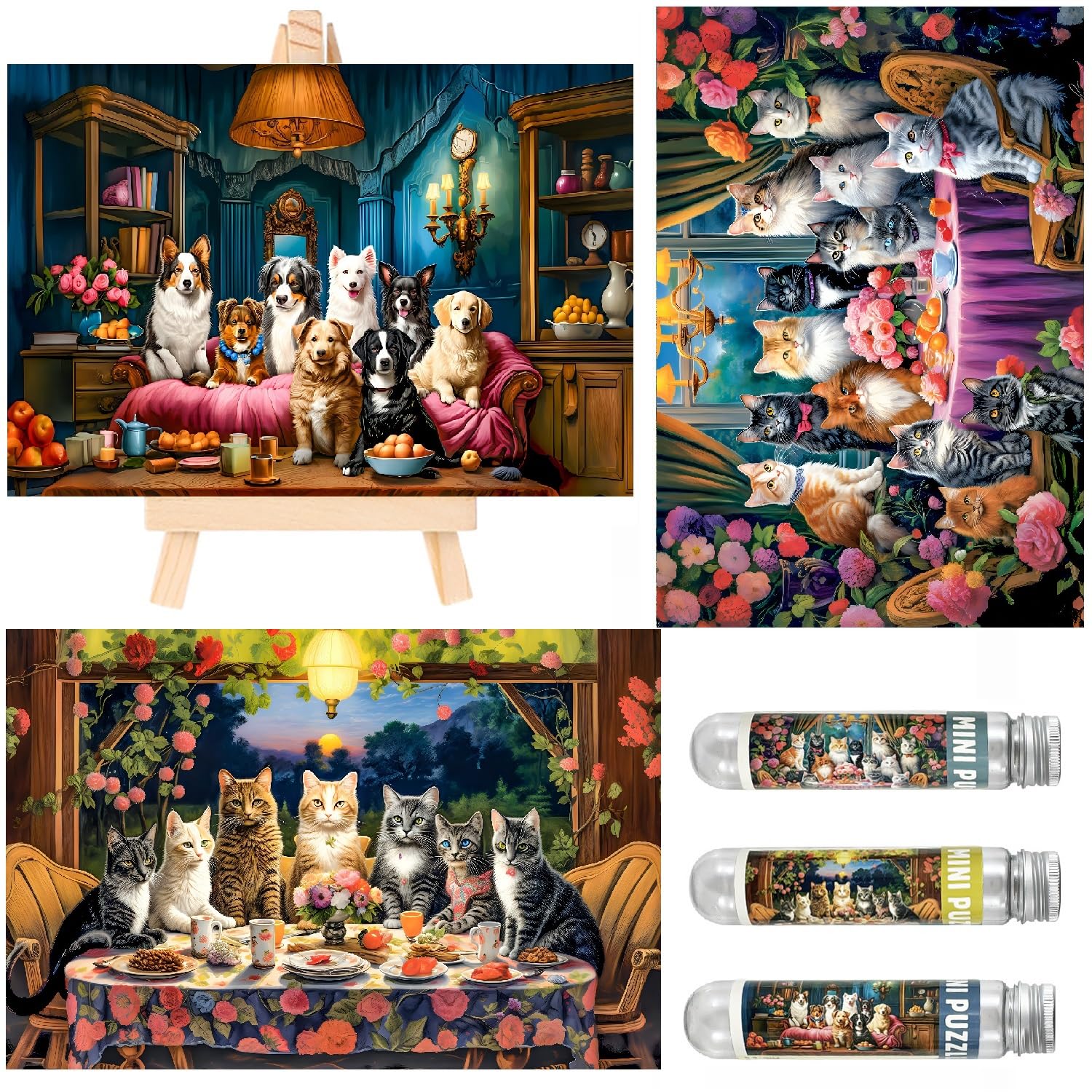 Small Jigsaw Puzzles for Adults - 150 Pieces Vintage Oil Painting - 3 Pcs Challenging Mini Puzzles 6 x 4 Inches - Cat & Puppy in Party Theme - Mini Easel Included