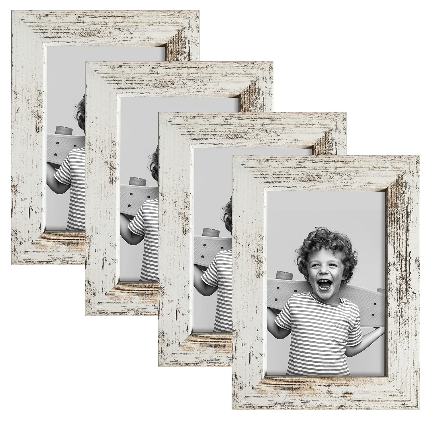5x7 Picture Frame in Distressed White, Display 5x7 With Mat and 6x8 Without Mat, Packs 4