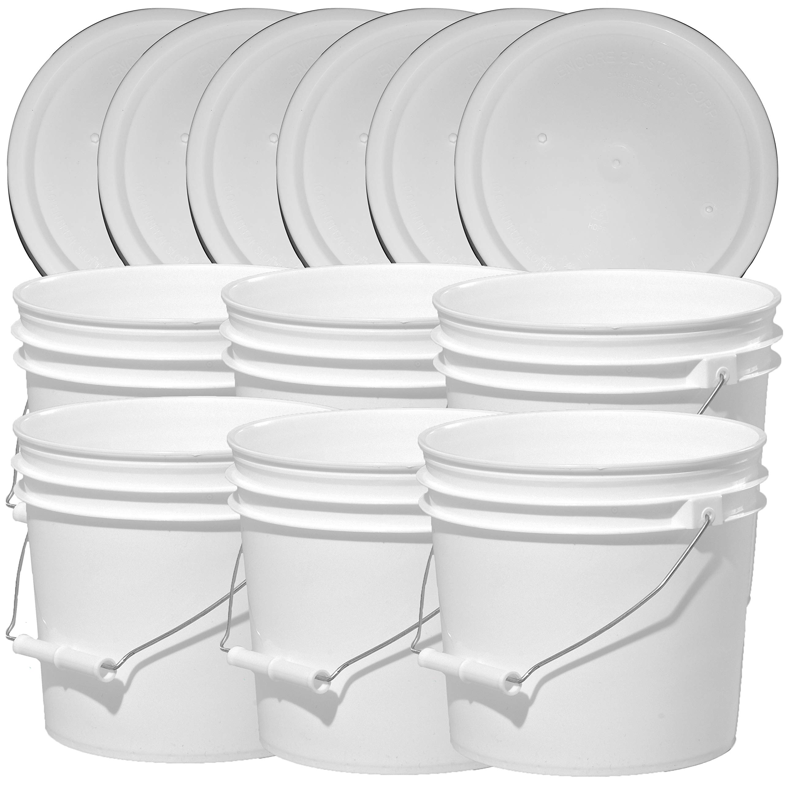 Illing Company Premium 1 Gallon Bucket, HDPE, White, 6 Pack with Matching Lids, All Purpose Pail, No BPA Plastic, Food Grade, Metal Handle w/Thick Plastic Grip